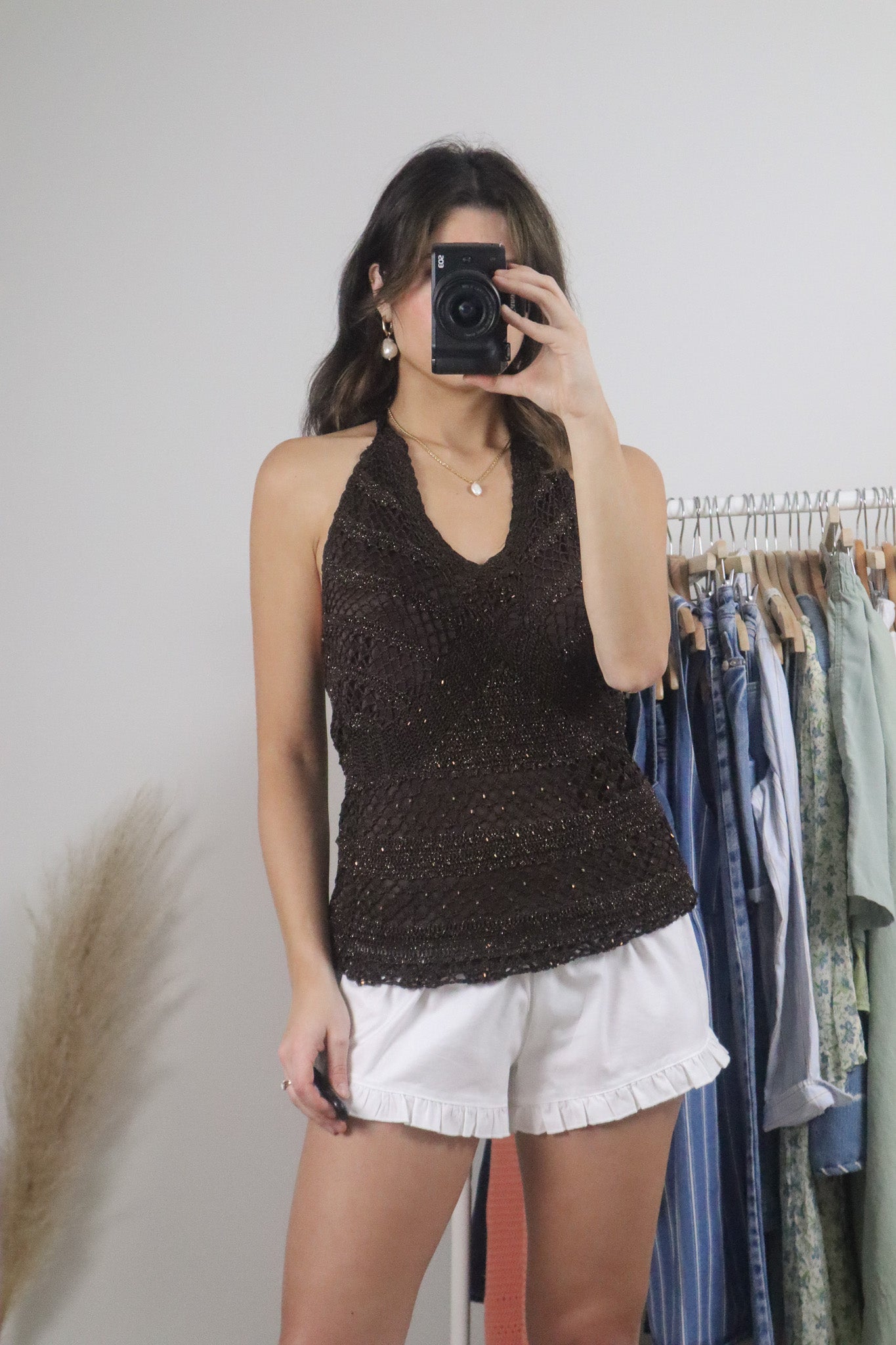 Vintage x Crochet Beaded Shimmer Halter Tank (M)
