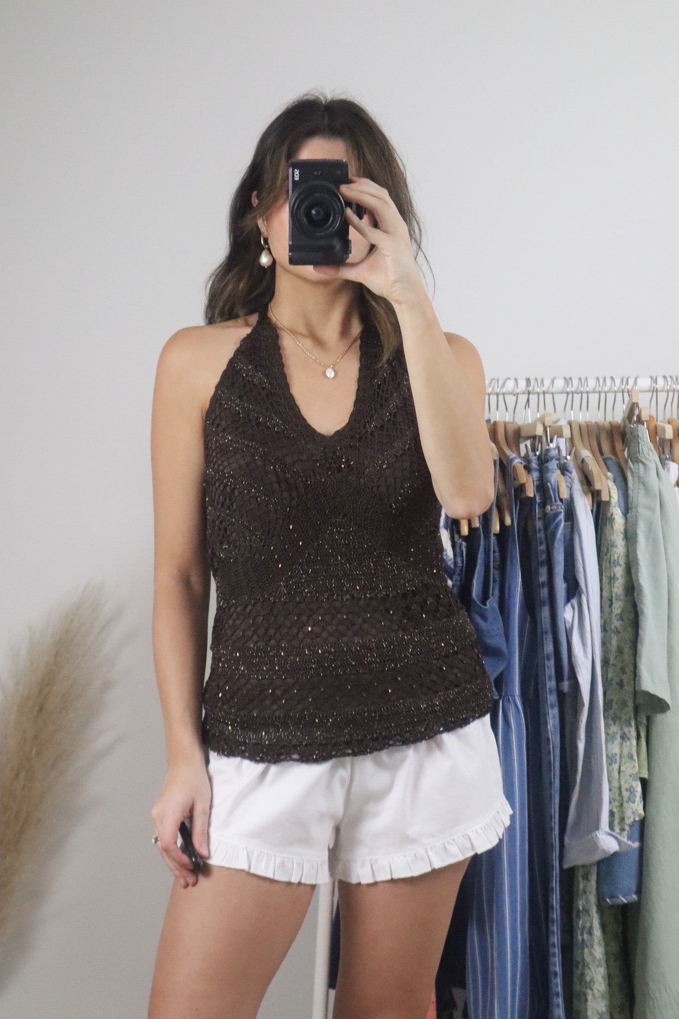 Vintage x Crochet Beaded Shimmer Halter Tank (M)
