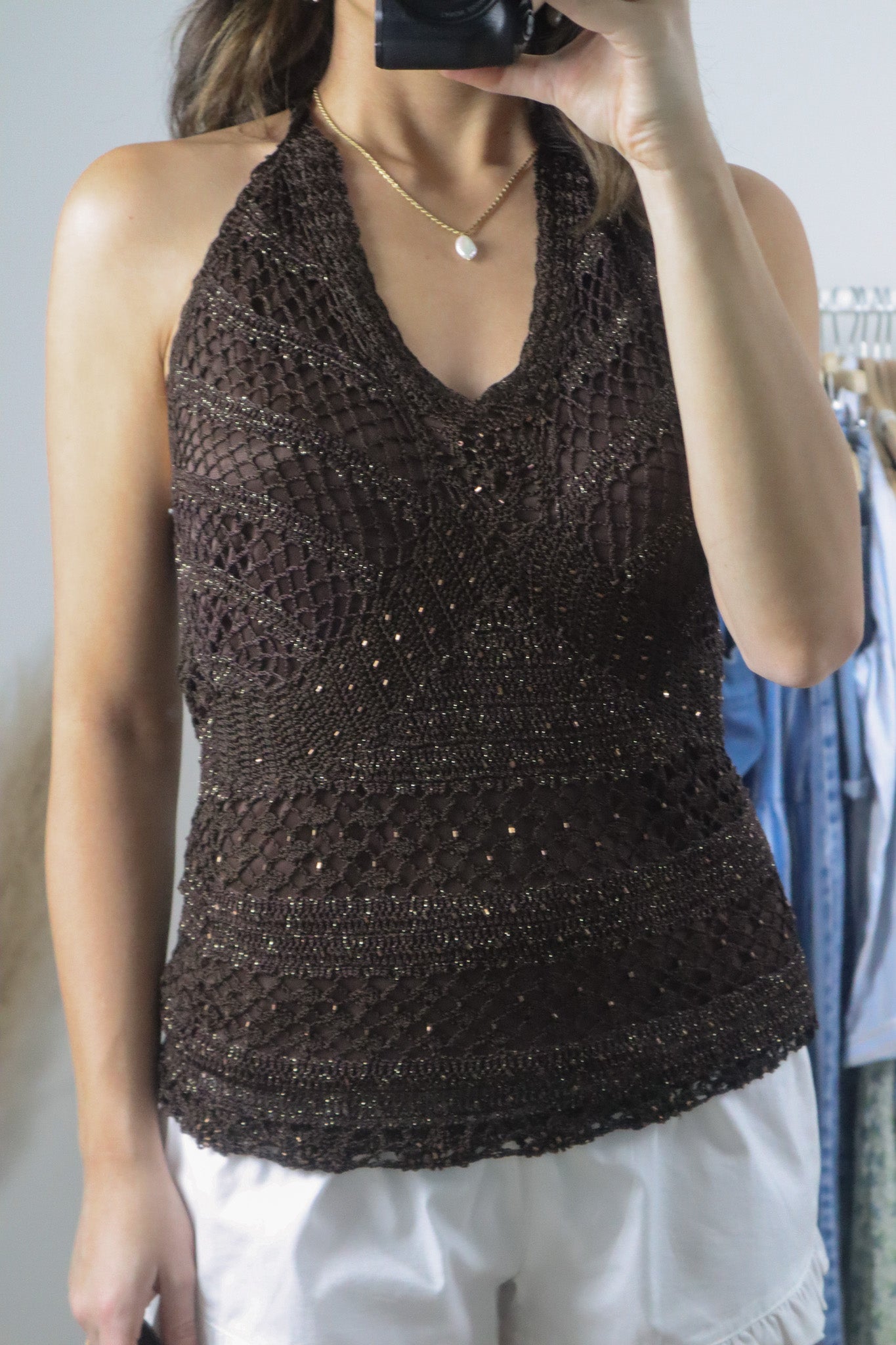 Vintage x Crochet Beaded Shimmer Halter Tank (M)