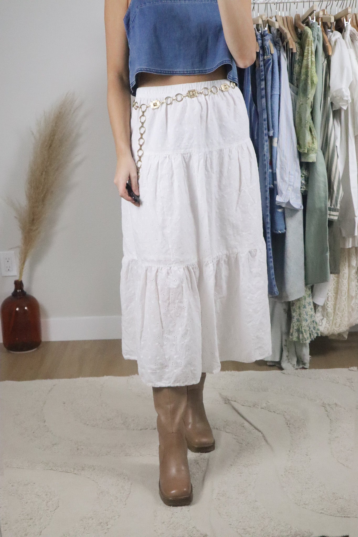 Vintage x Cotton Eyelet Tiered Maxi Skirt (L/XL)