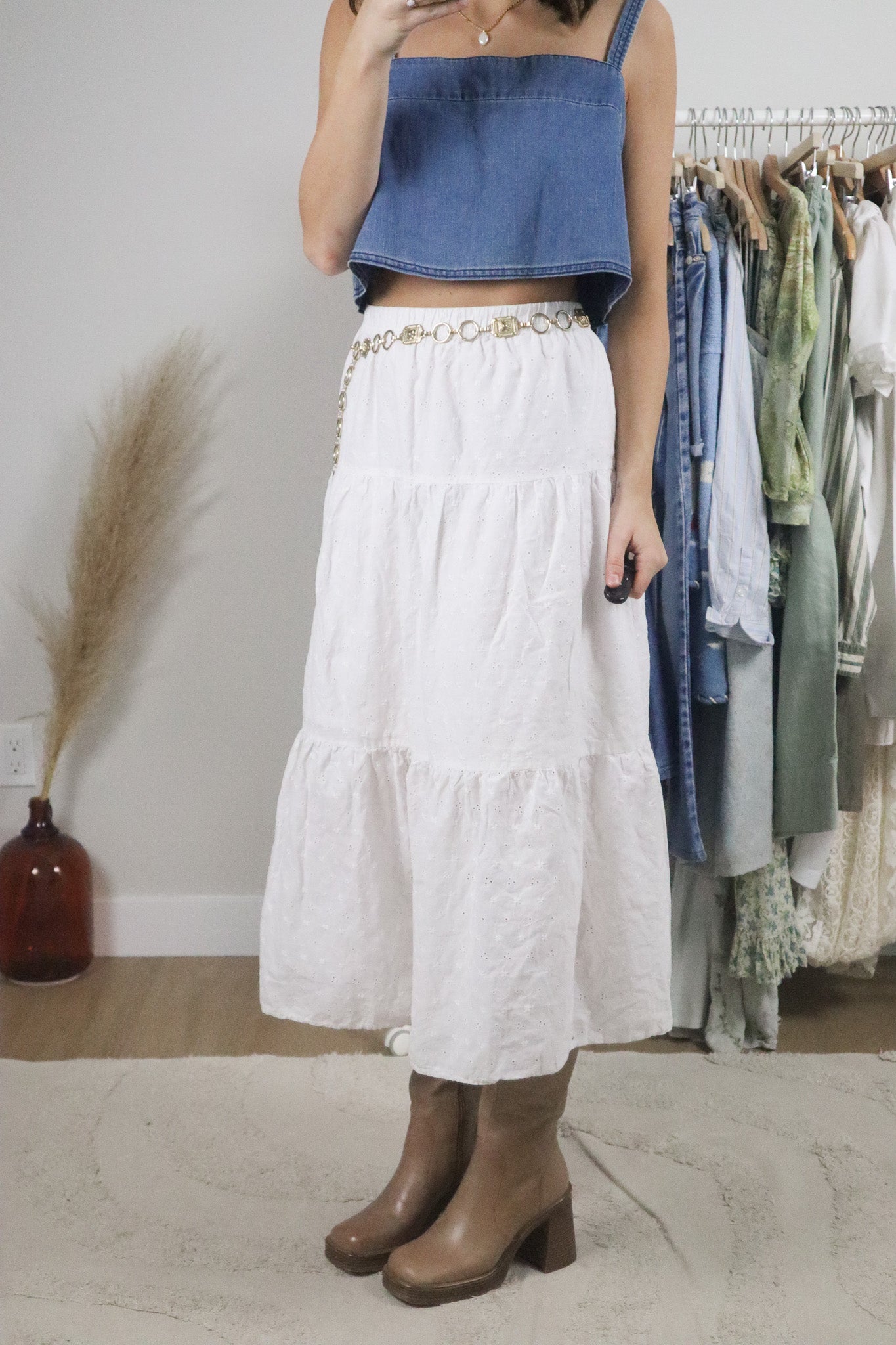 Vintage x Cotton Eyelet Tiered Maxi Skirt (L/XL)
