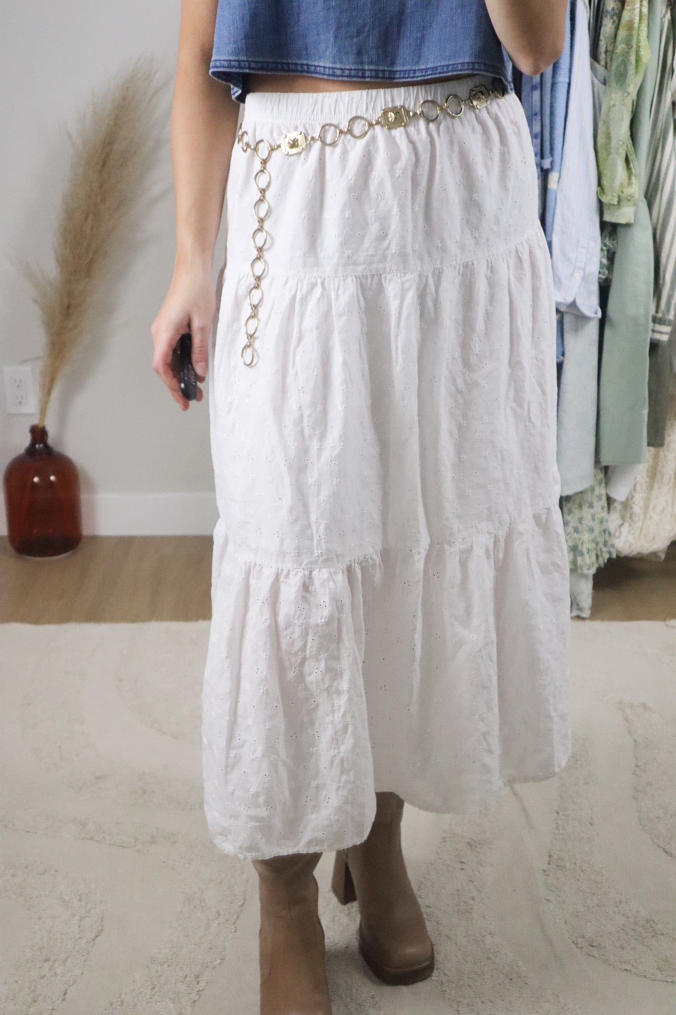 Vintage x Cotton Eyelet Tiered Maxi Skirt (L/XL)