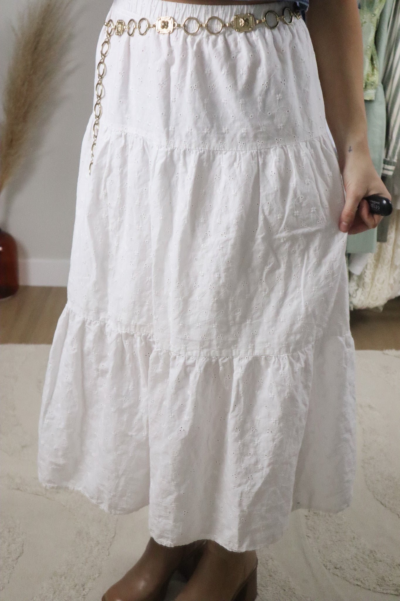 Vintage x Cotton Eyelet Tiered Maxi Skirt (L/XL)