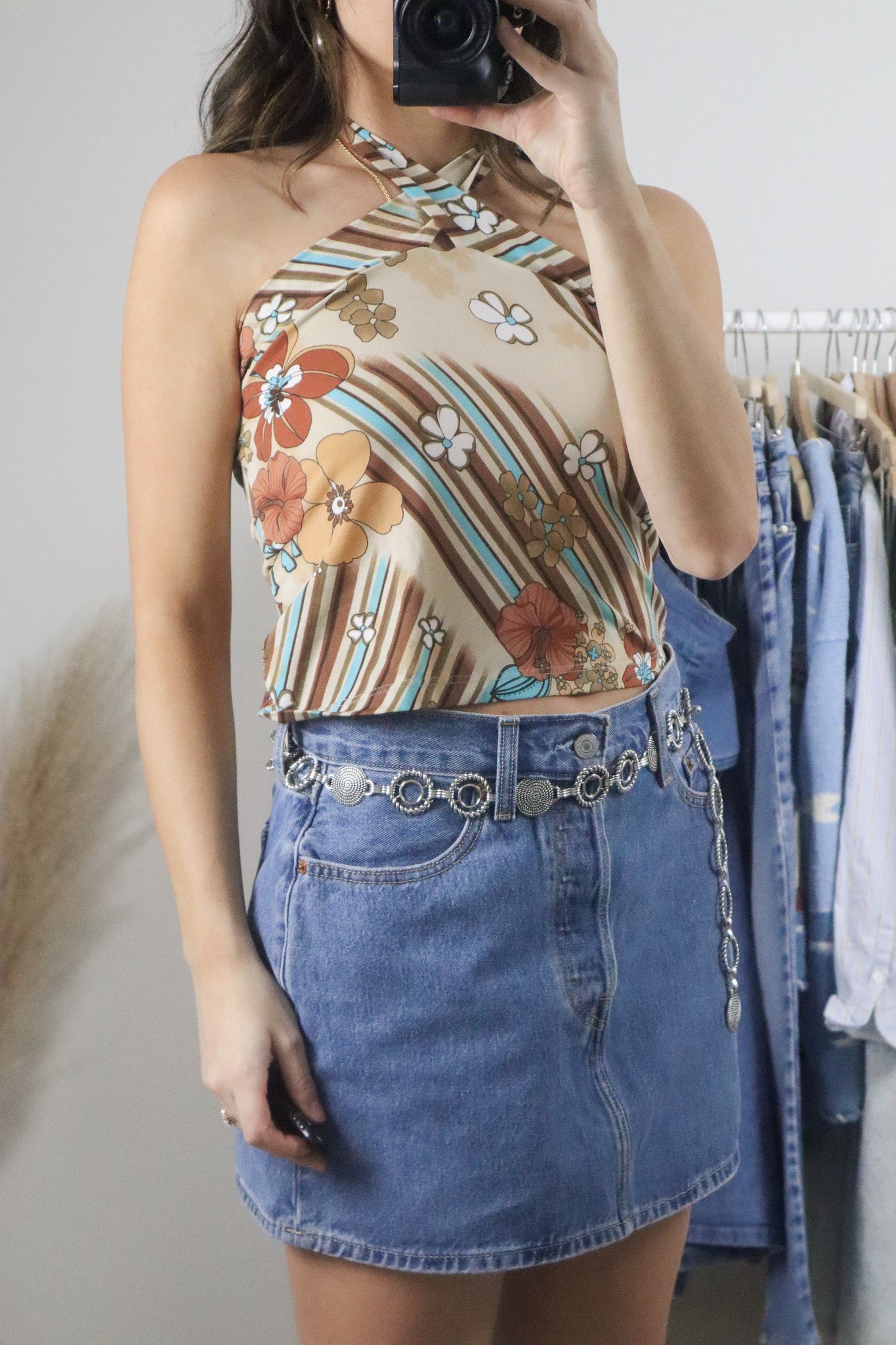 Vintage x Flower Cropped Halter Top (S/M)