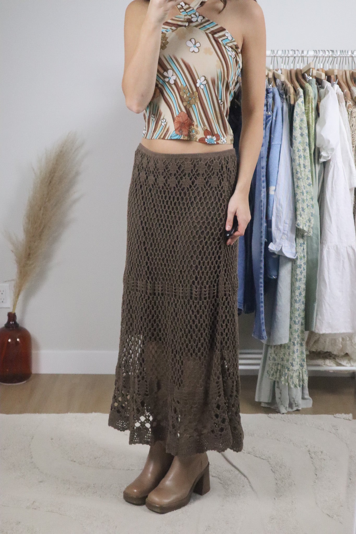 Vintage x Crochet Cotton/Linen Maxi Skirt (M)