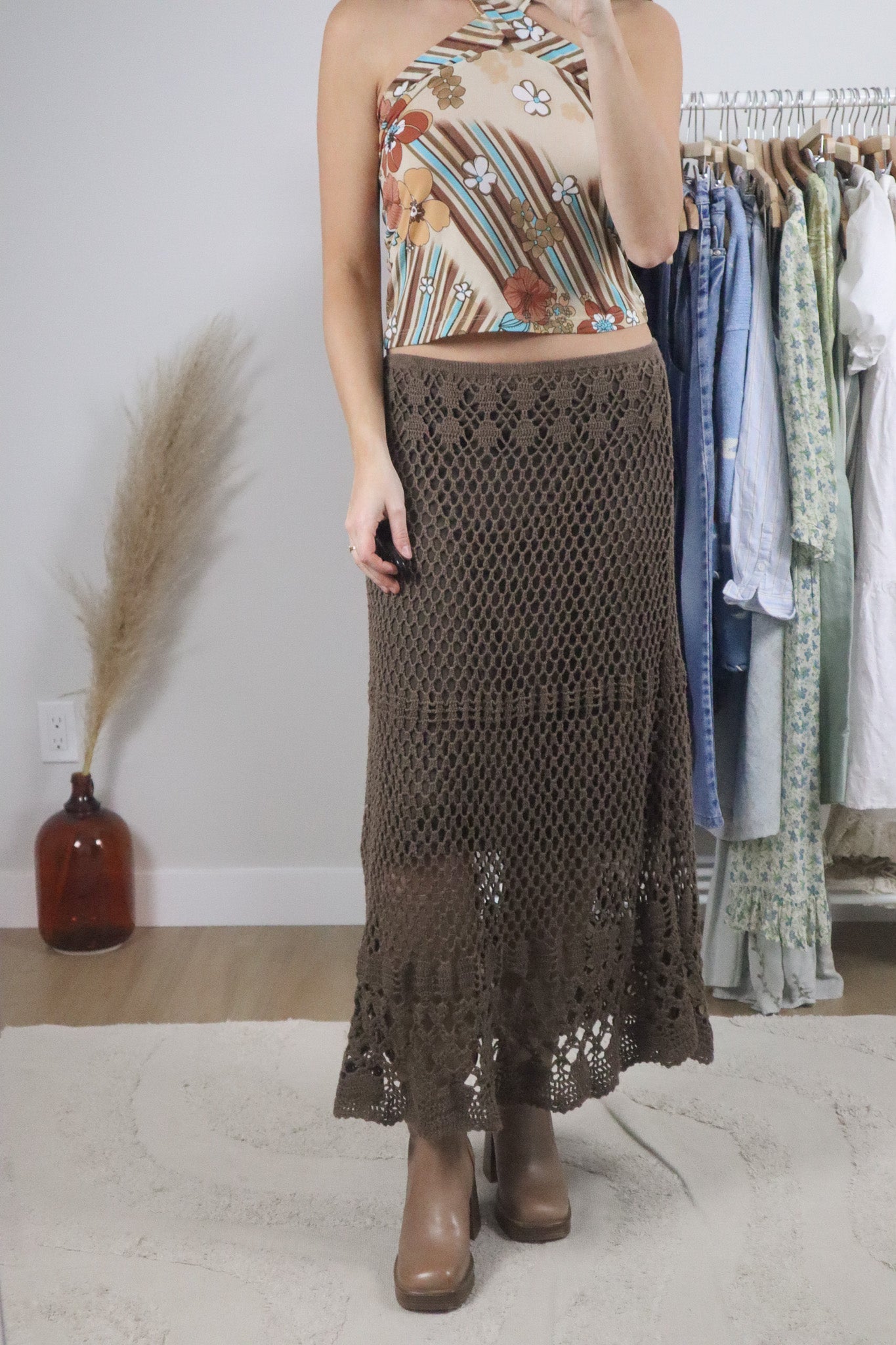 Vintage x Crochet Cotton/Linen Maxi Skirt (M)