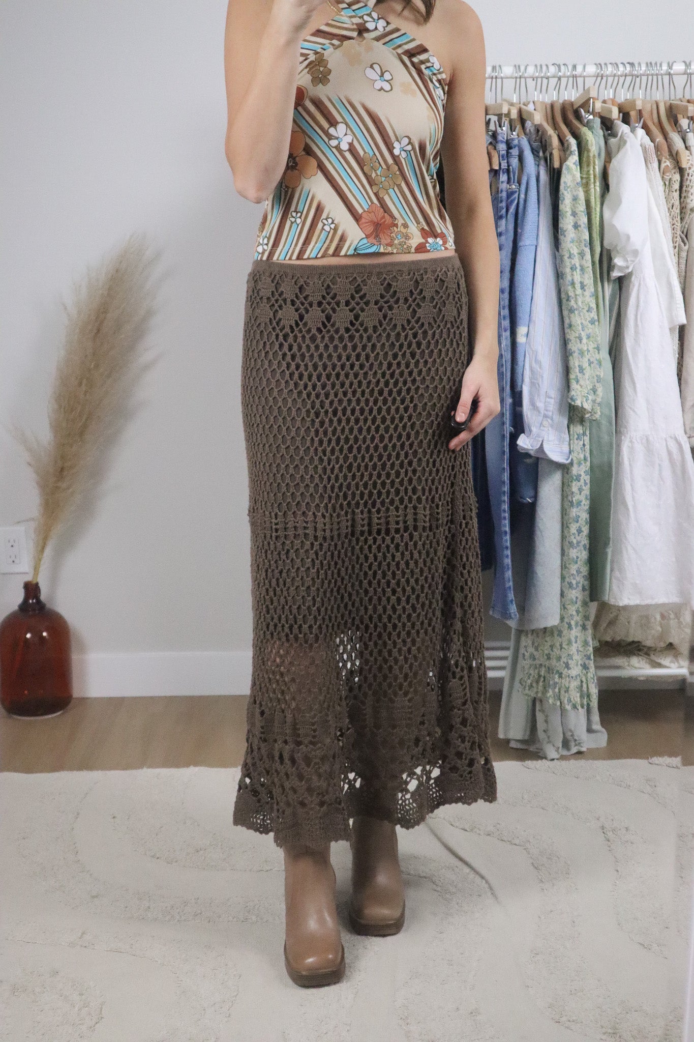 Vintage x Crochet Cotton/Linen Maxi Skirt (M)