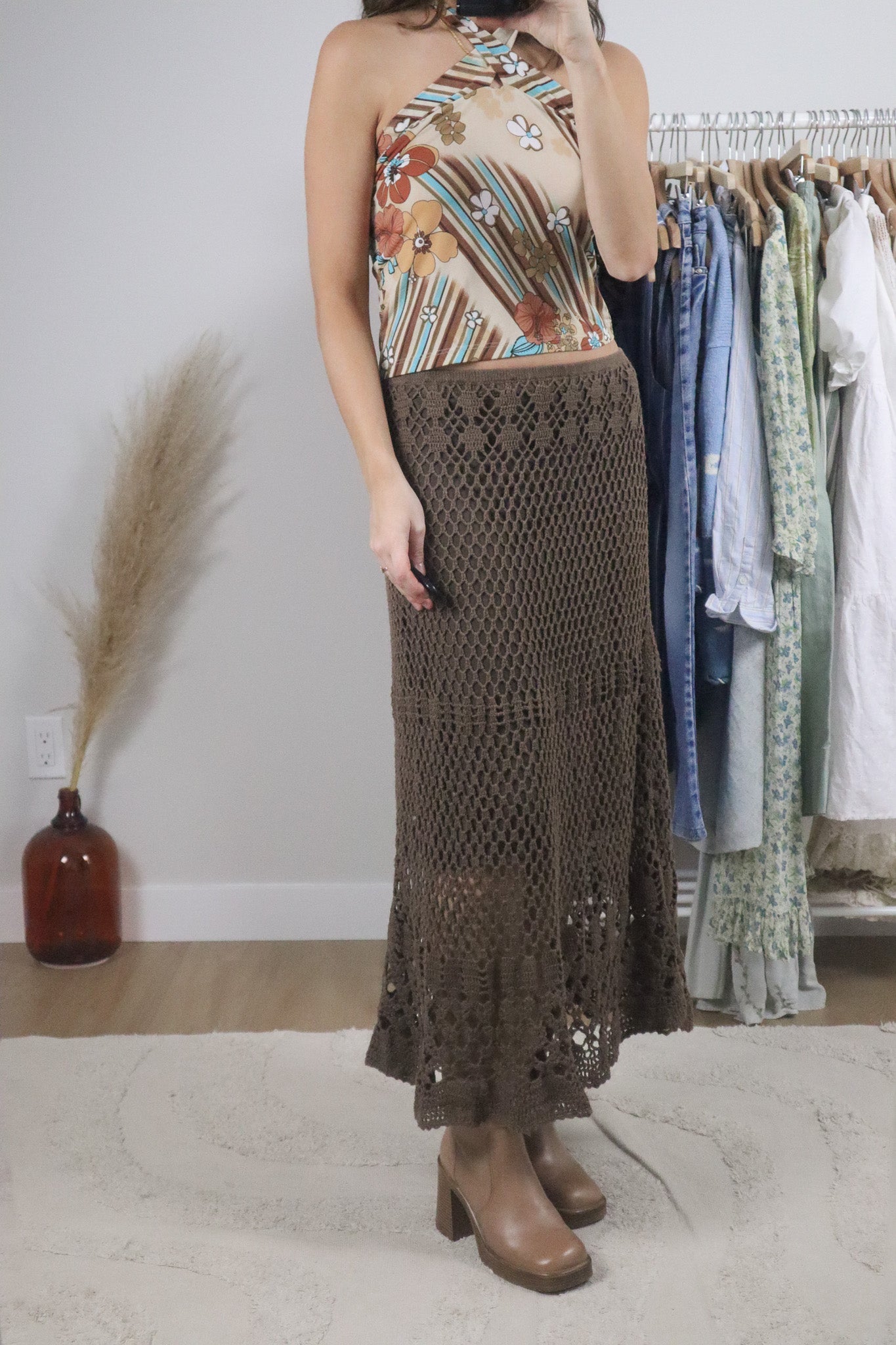 Vintage x Crochet Cotton/Linen Maxi Skirt (M)