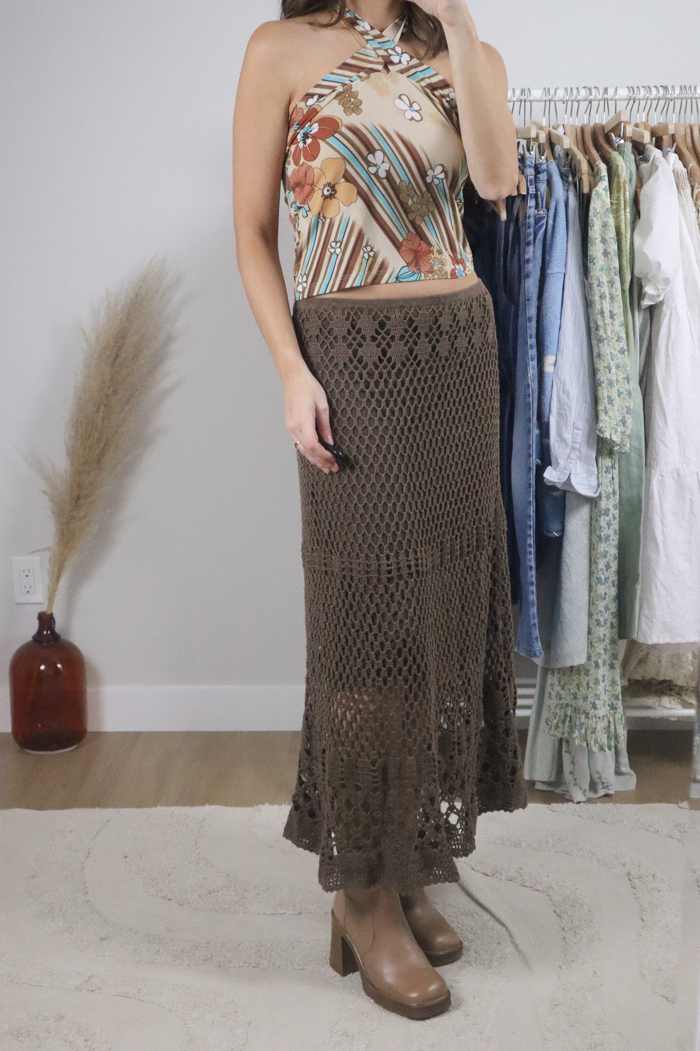 Vintage x Crochet Cotton/Linen Maxi Skirt (M)