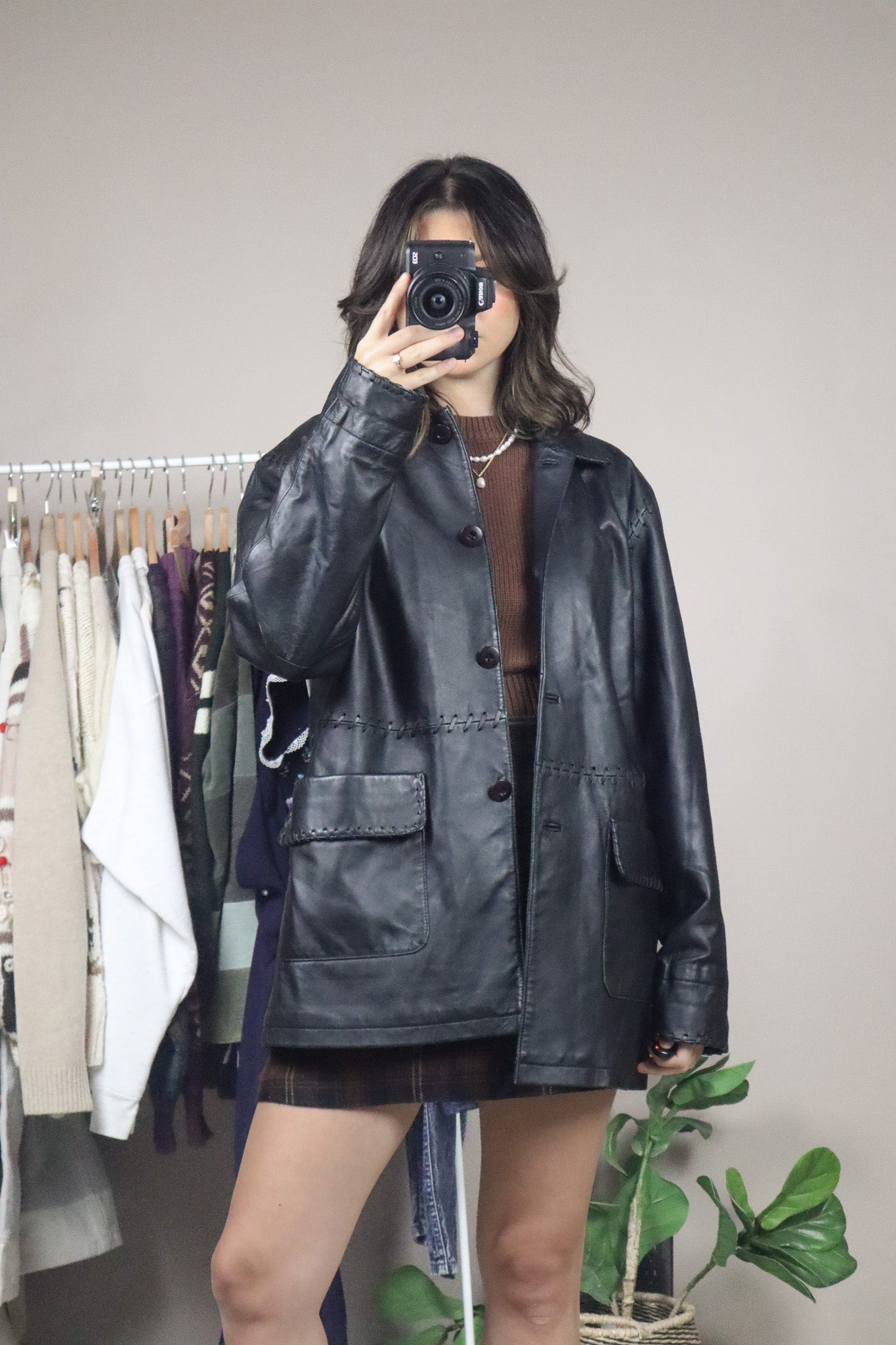 Vintage x Leather Jacket With Stitching (S/M)
