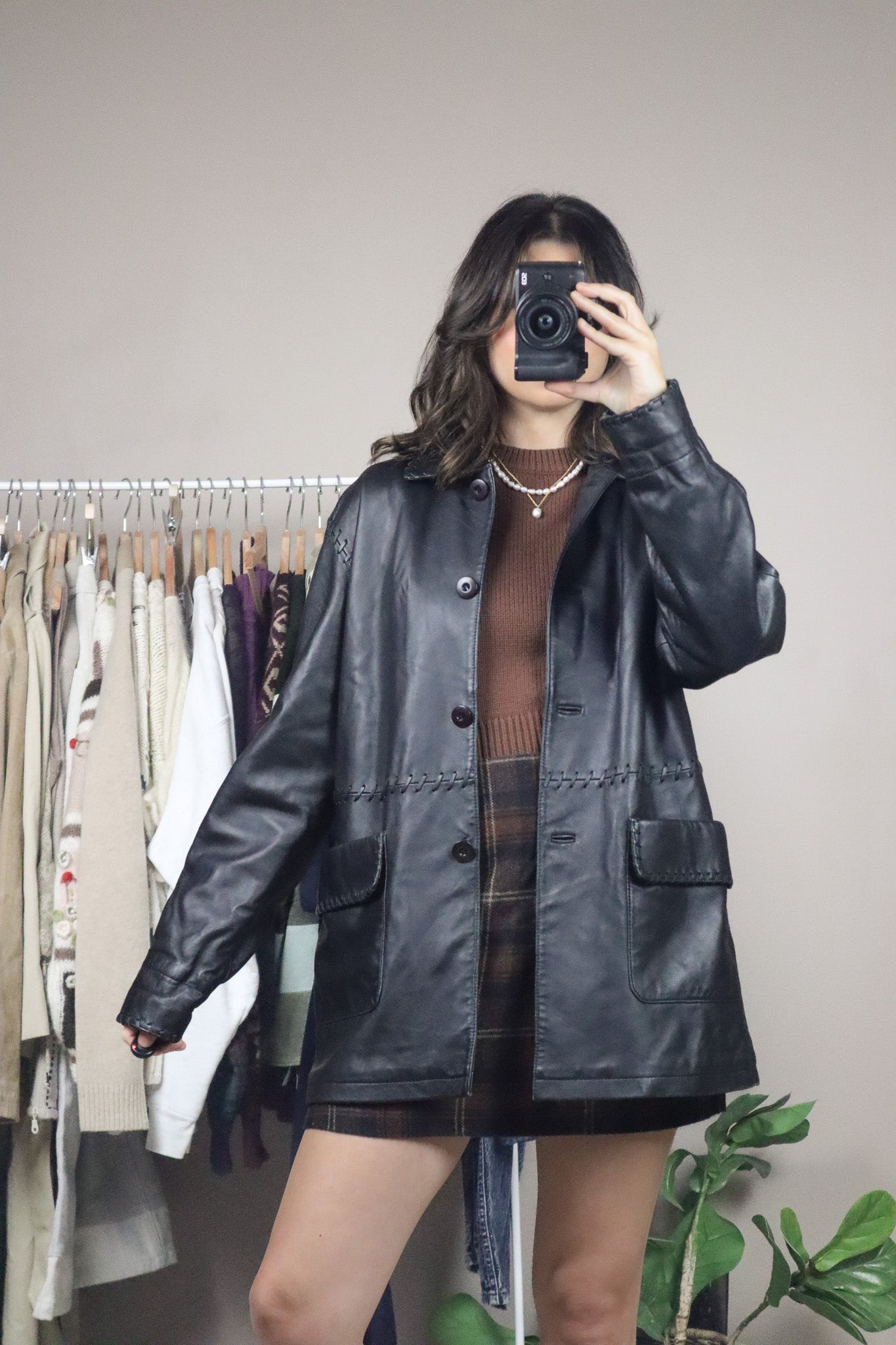 Vintage x Leather Jacket With Stitching (S/M)
