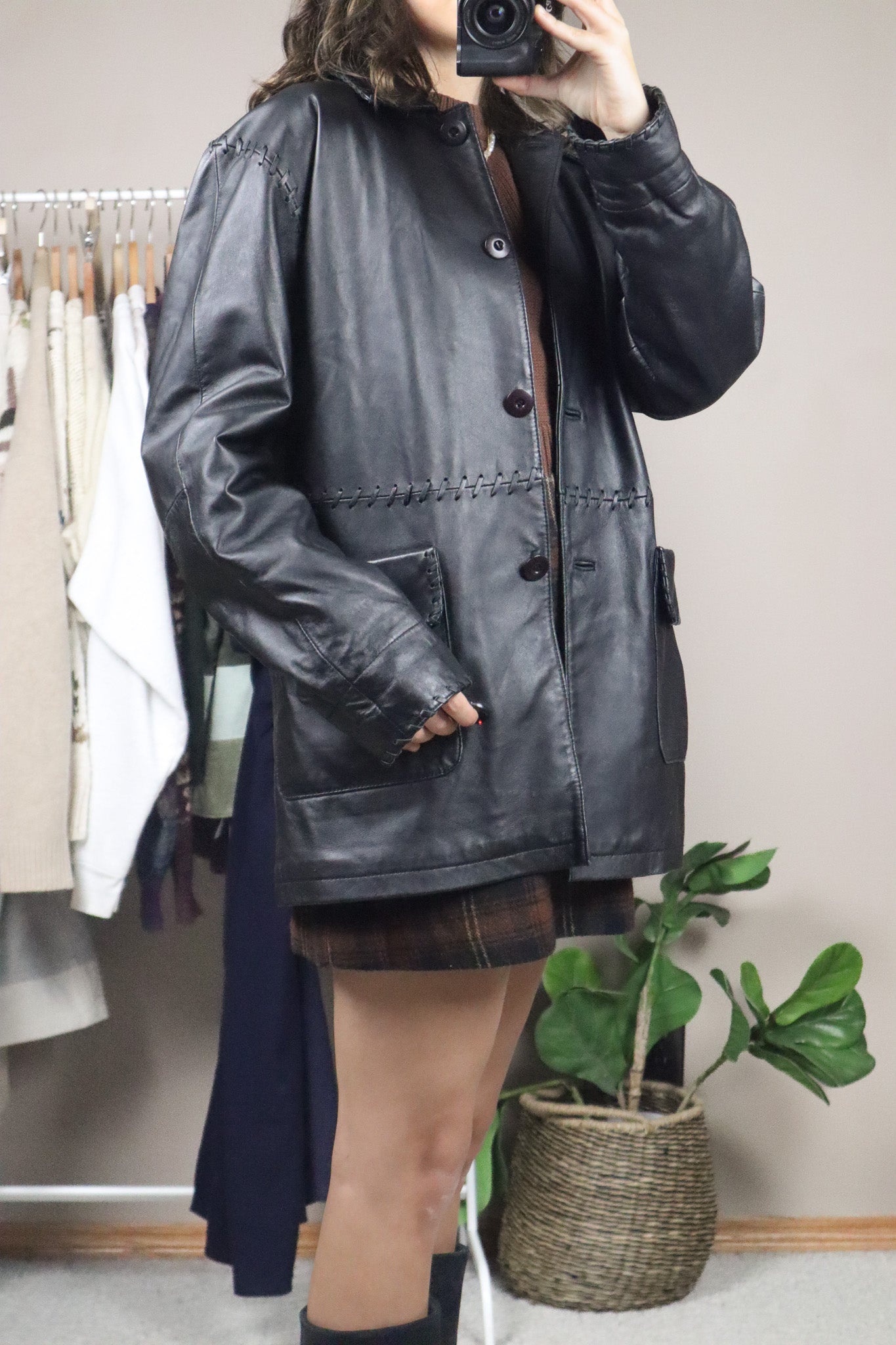 Vintage x Leather Jacket With Stitching (S/M)