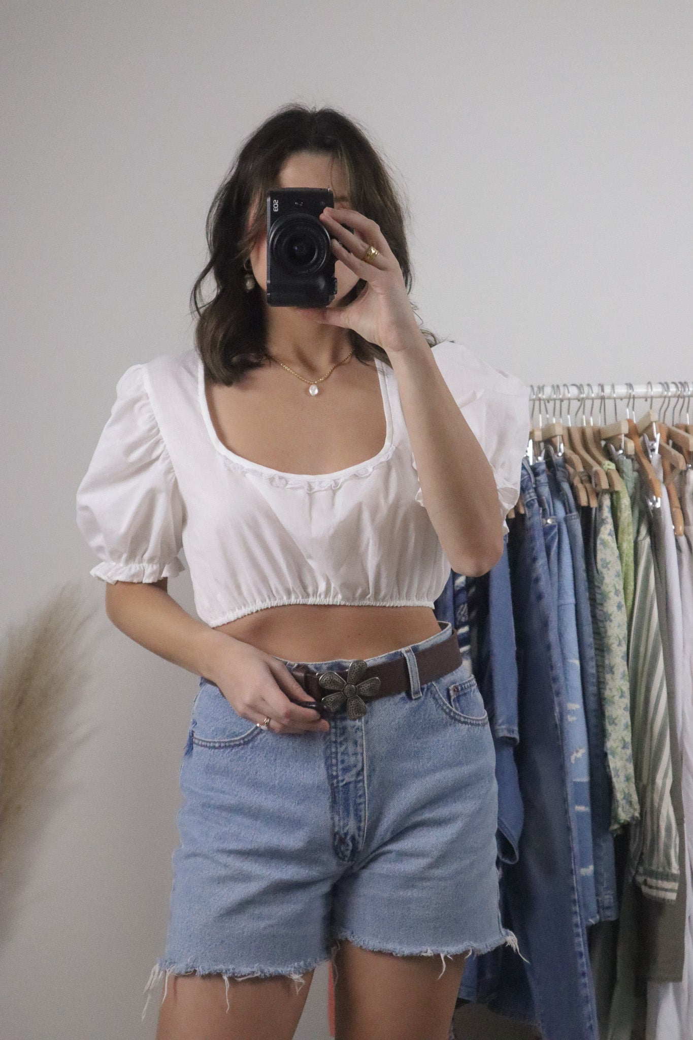 Vintage x Cropped Lace Trim Puff Sleeve Blouse (S)