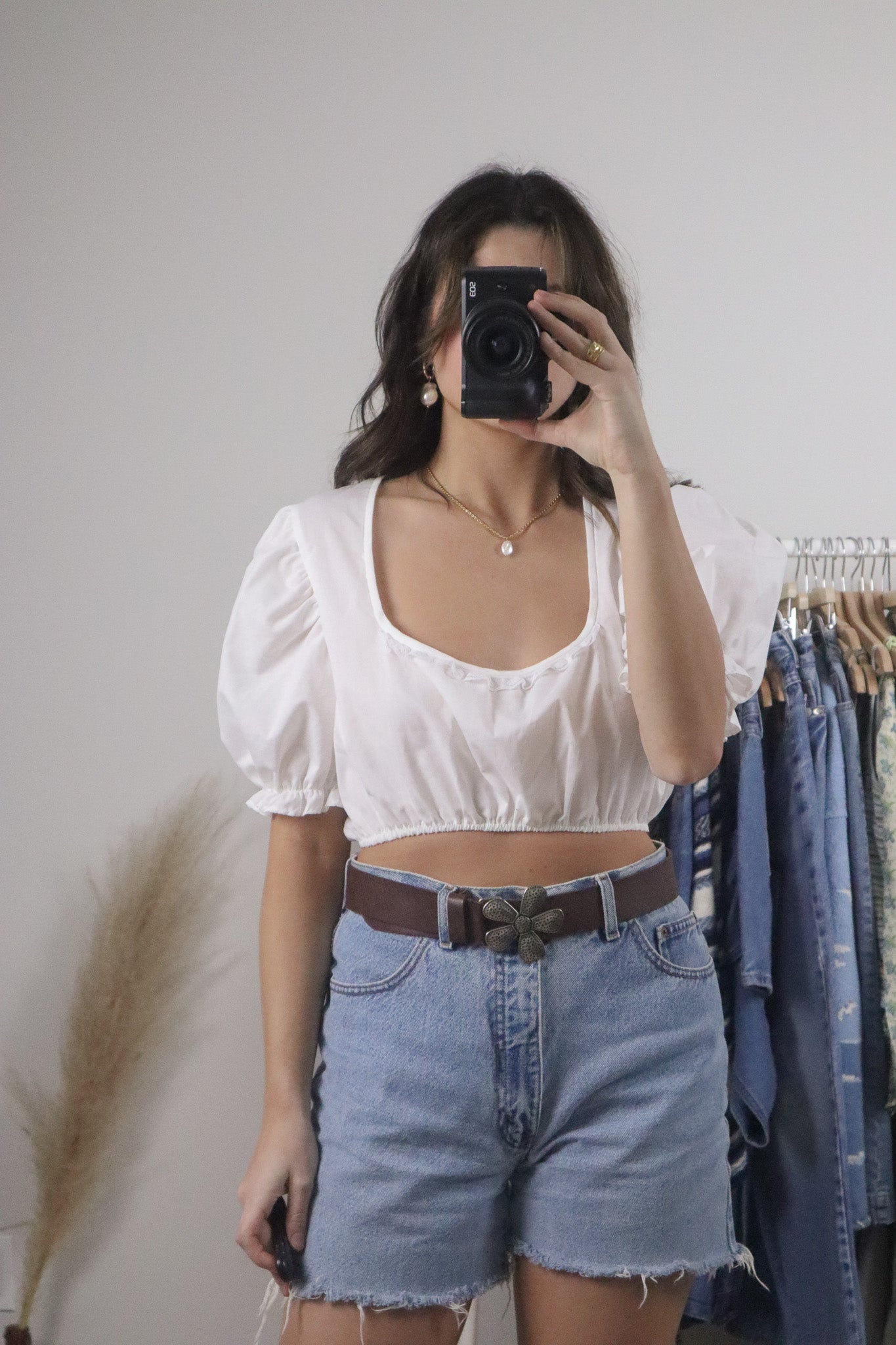 Vintage x Cropped Lace Trim Puff Sleeve Blouse (S)