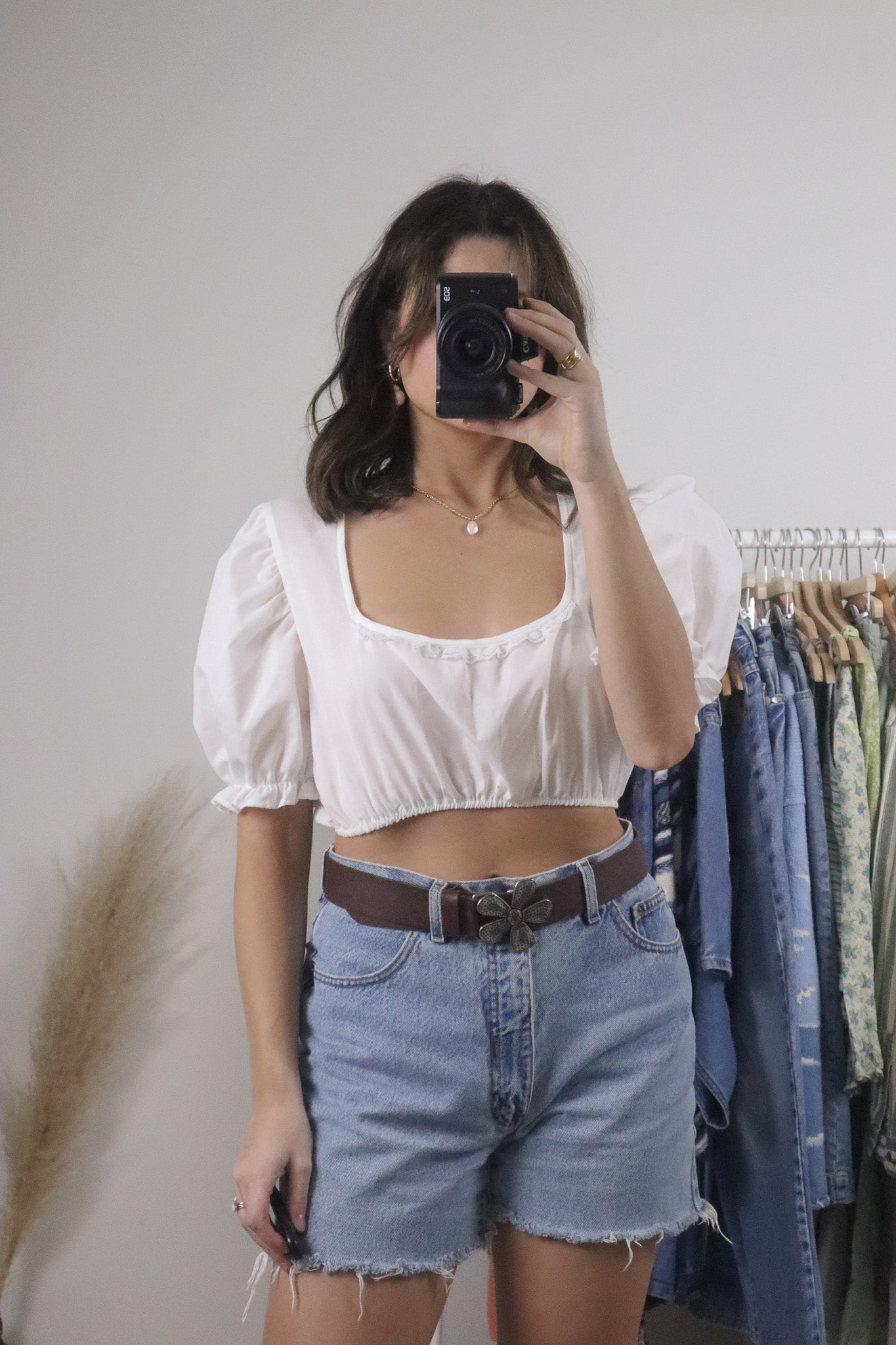 Vintage x Cropped Lace Trim Puff Sleeve Blouse (S)