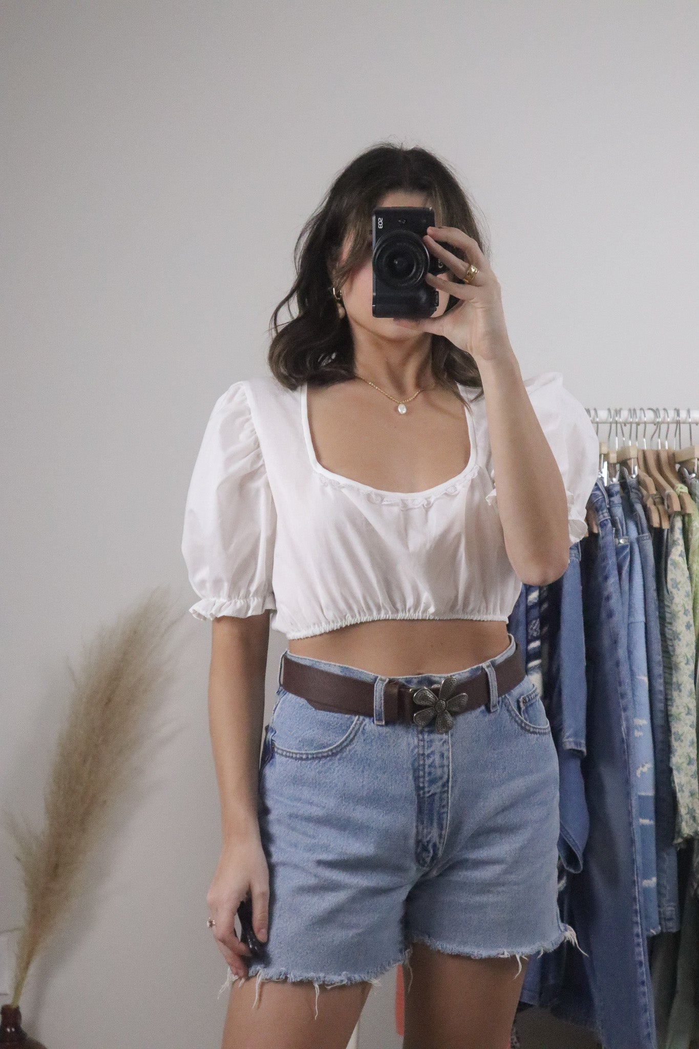 Vintage x Cropped Lace Trim Puff Sleeve Blouse (S)