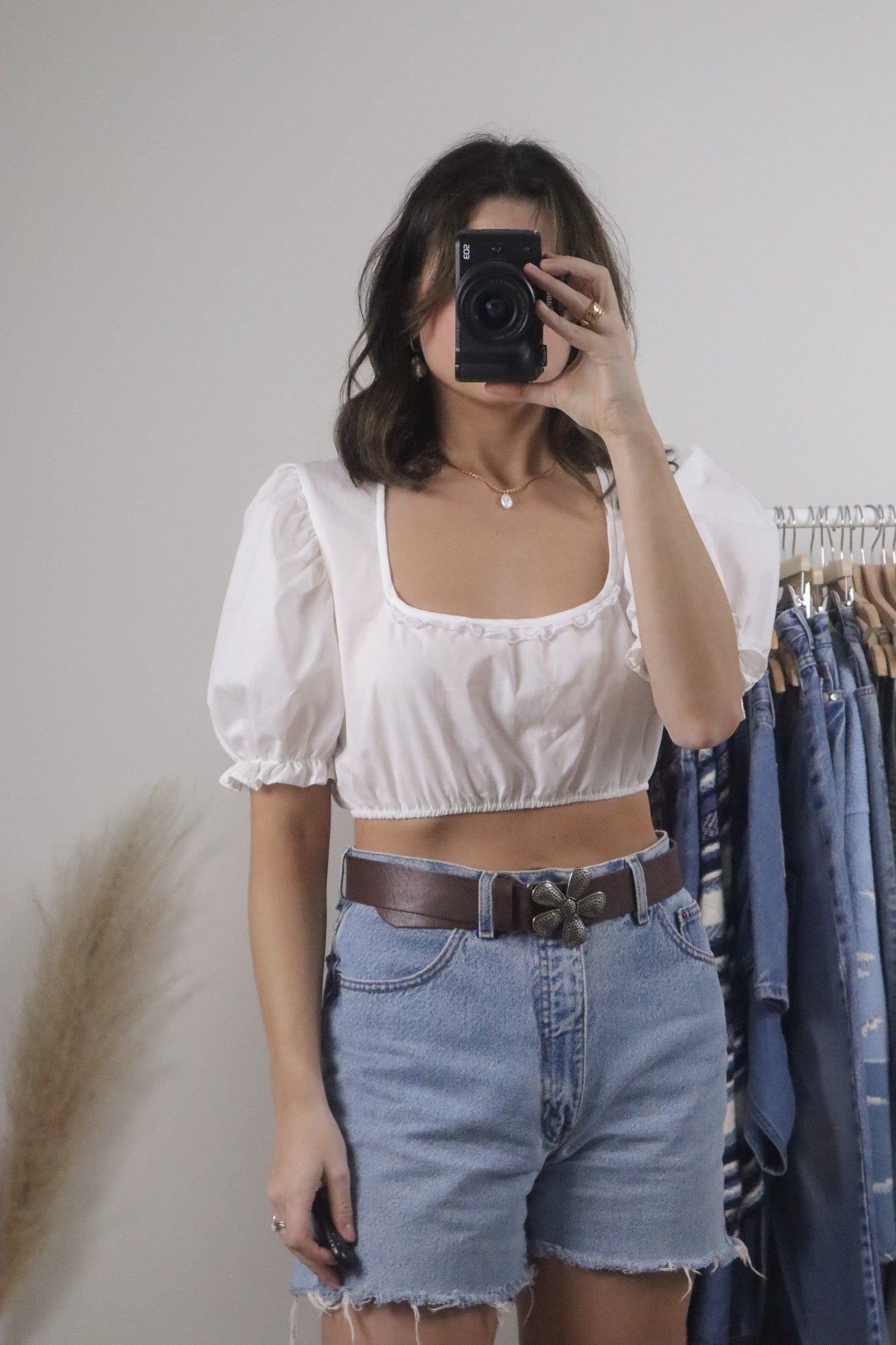 Vintage x Cropped Lace Trim Puff Sleeve Blouse (S)