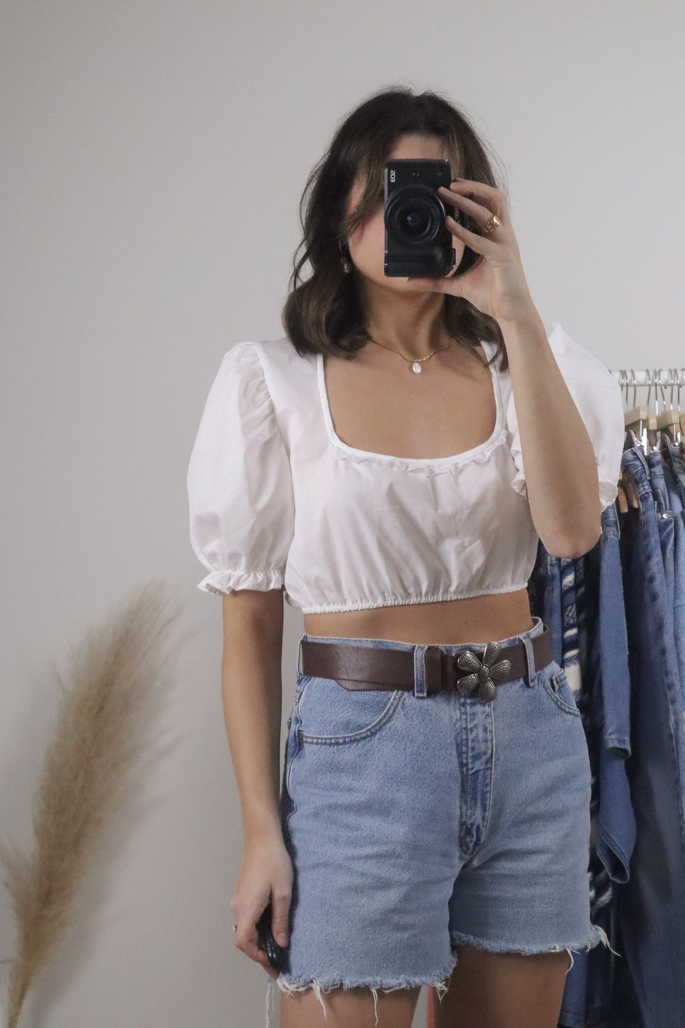 Vintage x Cropped Lace Trim Puff Sleeve Blouse (S)