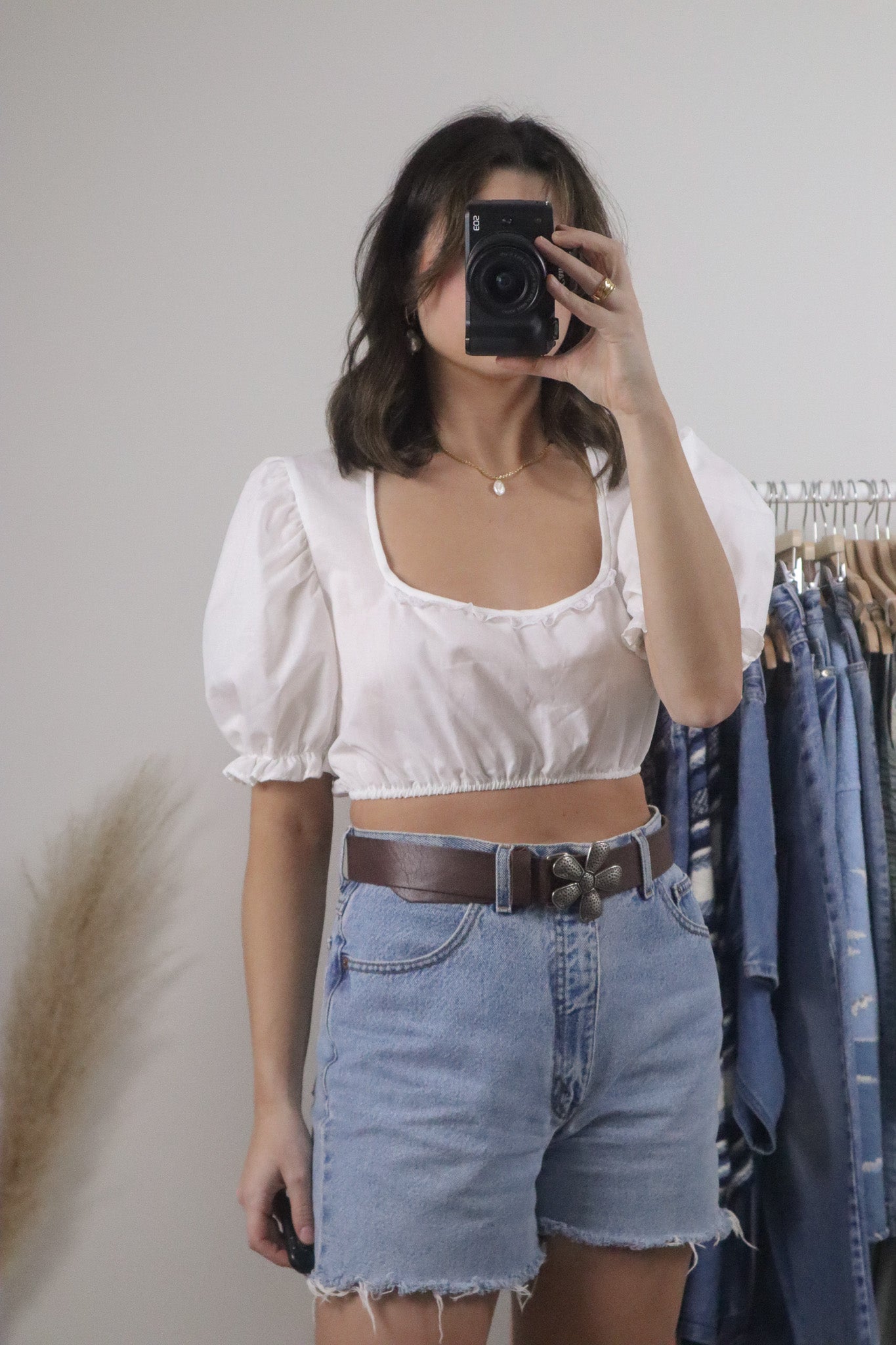 Vintage x Cropped Lace Trim Puff Sleeve Blouse (S)