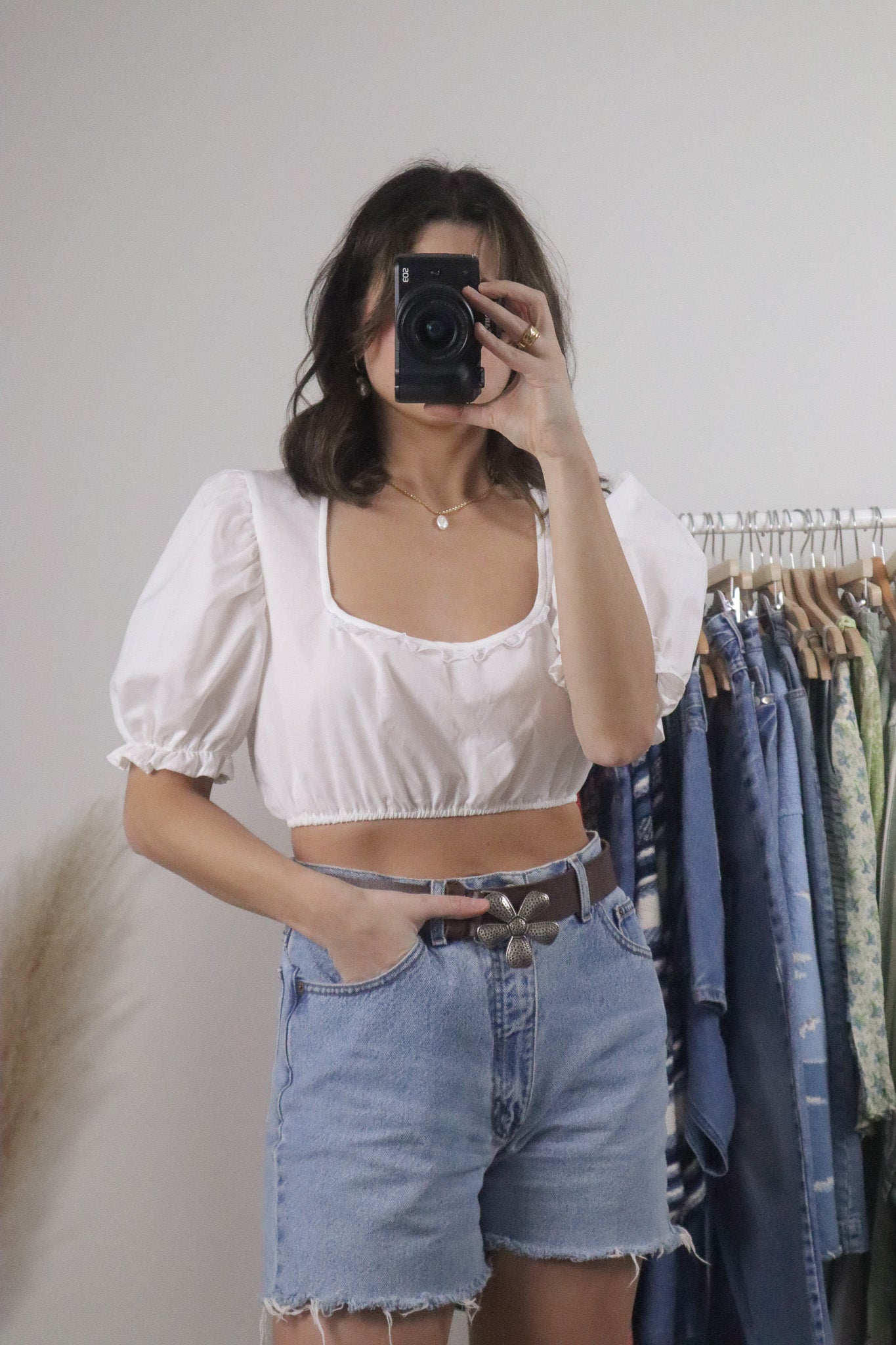 Vintage x Cropped Lace Trim Puff Sleeve Blouse (S)