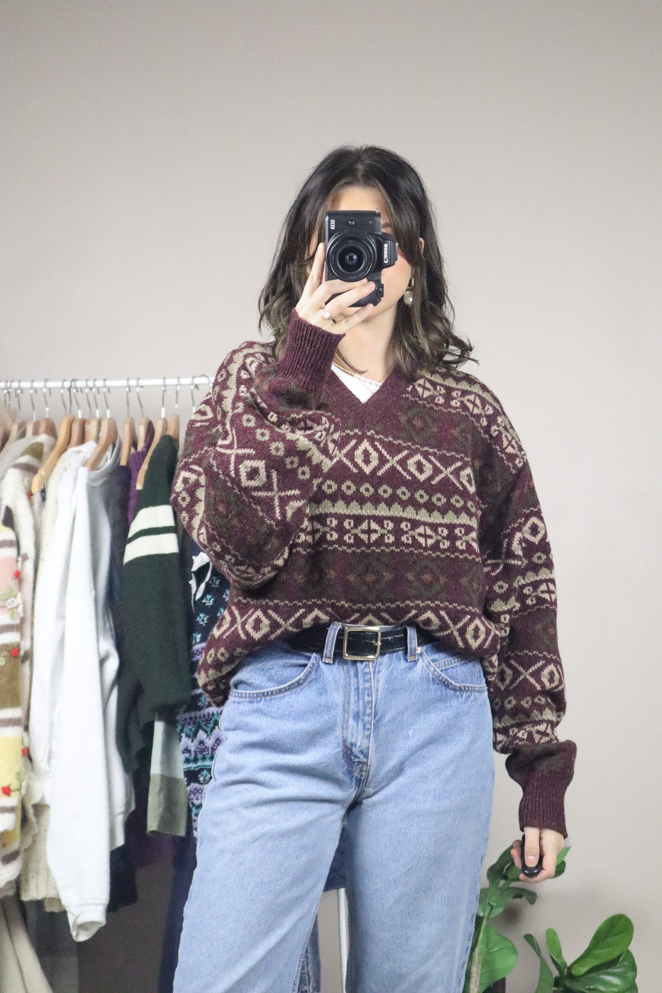 Vintage x Pattered Wool V-Neck (L)