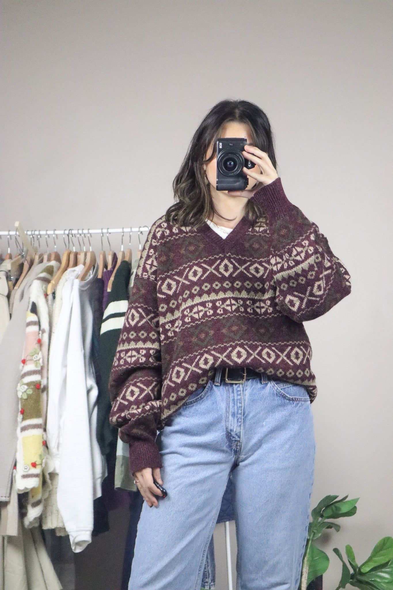 Vintage x Pattered Wool V-Neck (L)