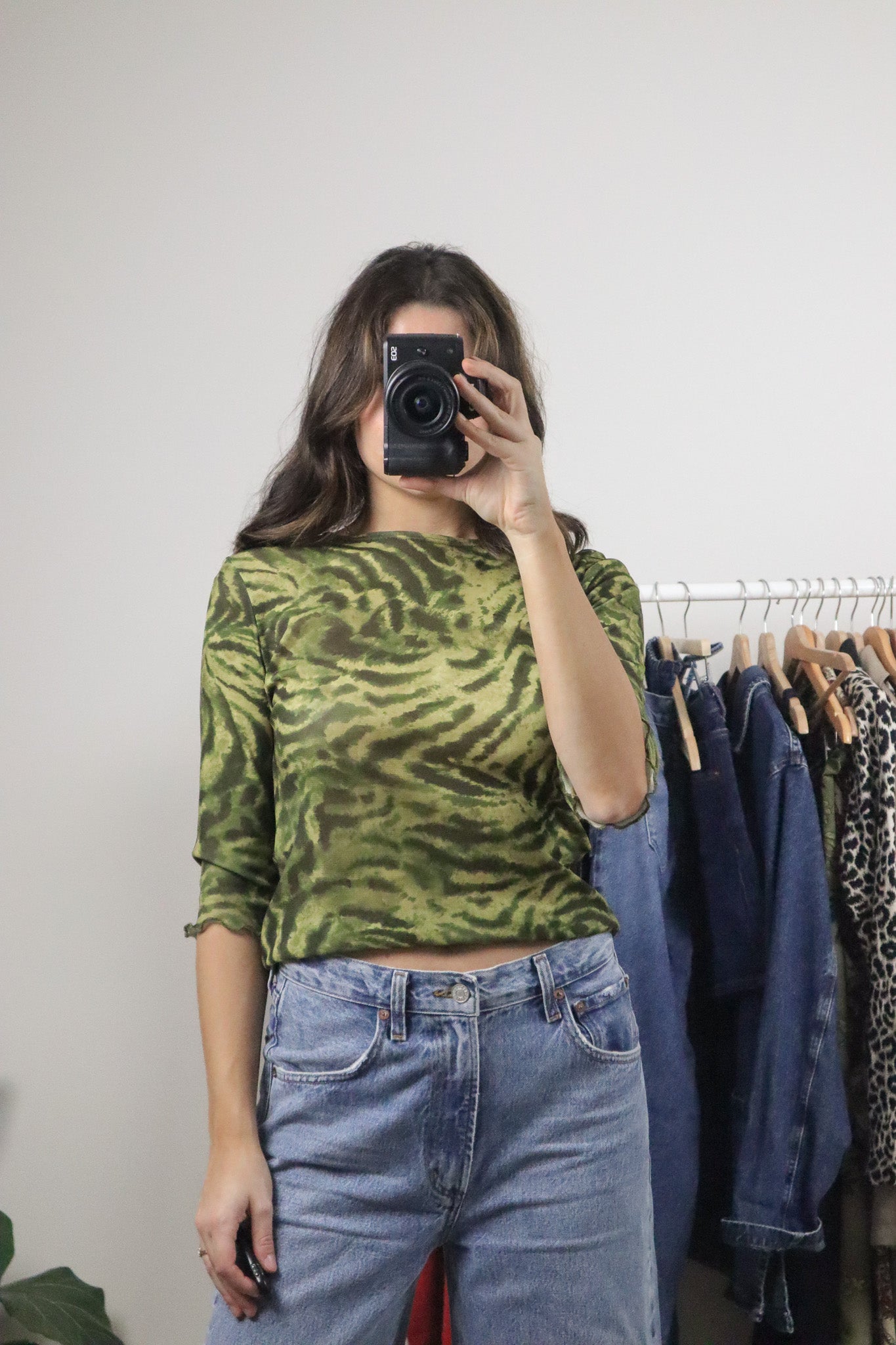 Made in USA x Vintage x Mesh Patterned 3/4 Sleeve Top (M)