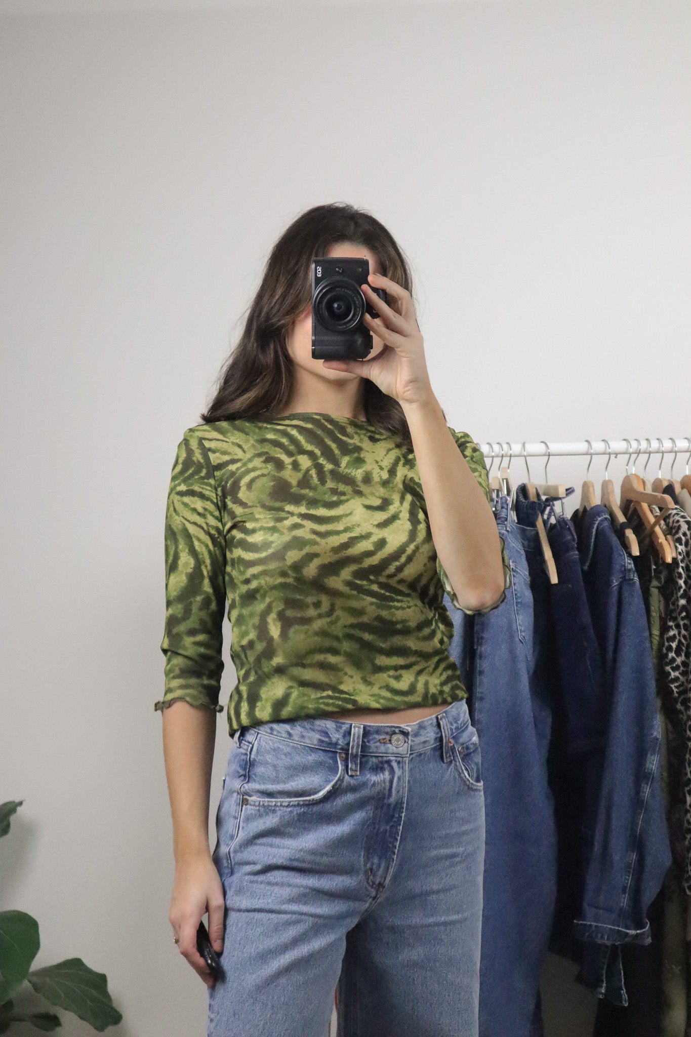 Made in USA x Vintage x Mesh Patterned 3/4 Sleeve Top (M)