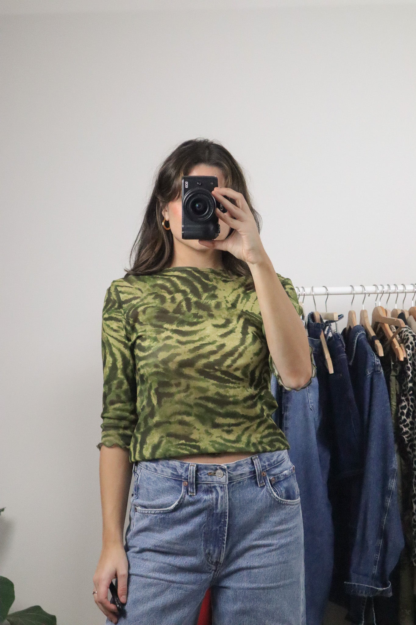 Made in USA x Vintage x Mesh Patterned 3/4 Sleeve Top (M)