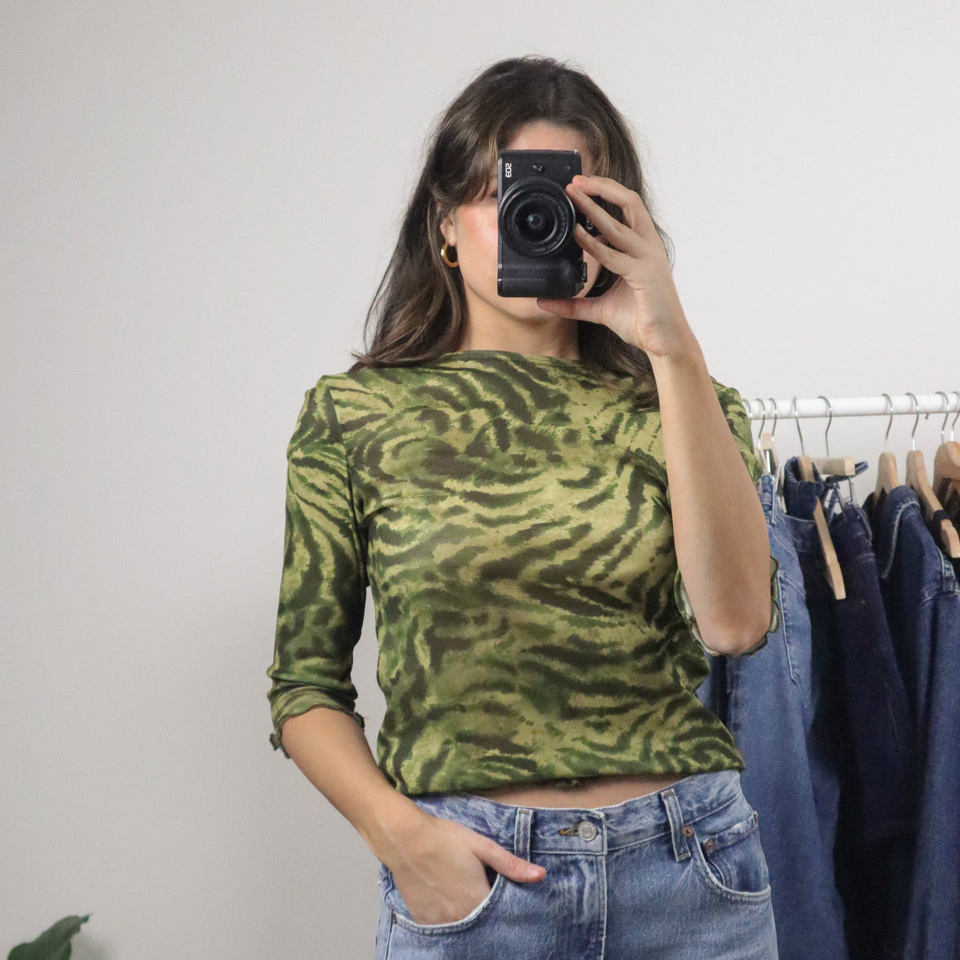 Made in USA x Vintage x Mesh Patterned 3/4 Sleeve Top (M)