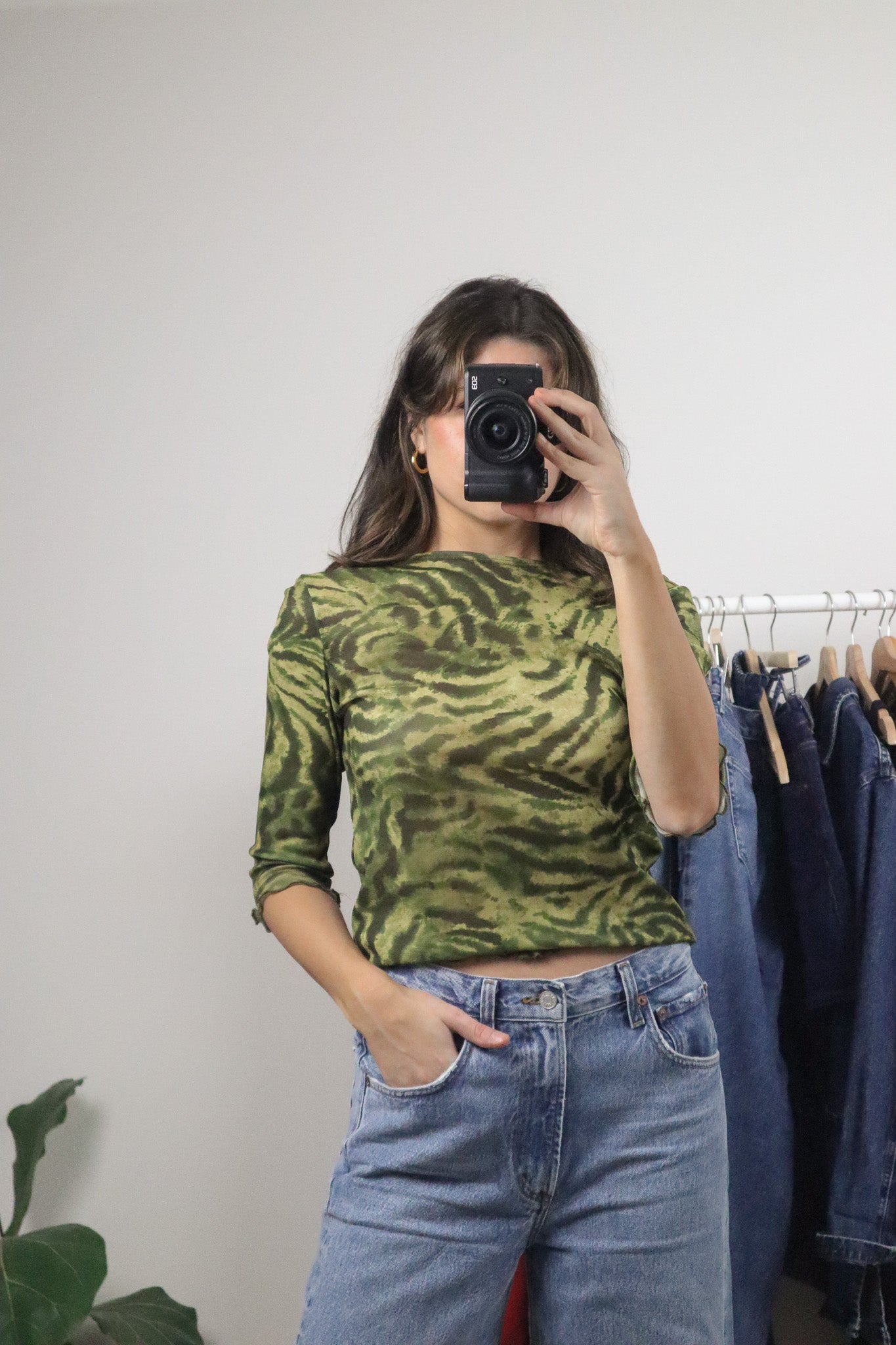 Made in USA x Vintage x Mesh Patterned 3/4 Sleeve Top (M)
