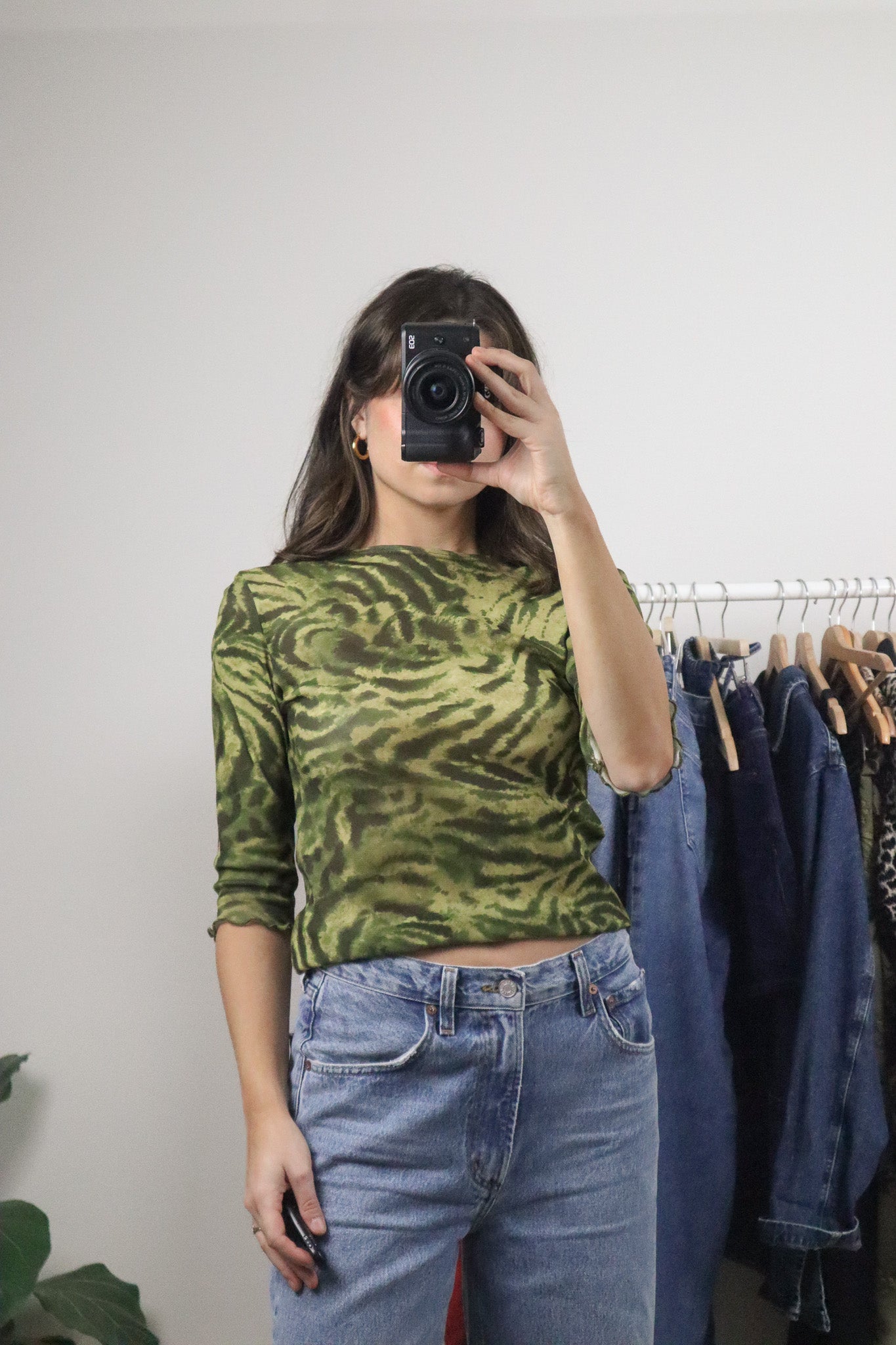 Made in USA x Vintage x Mesh Patterned 3/4 Sleeve Top (M)