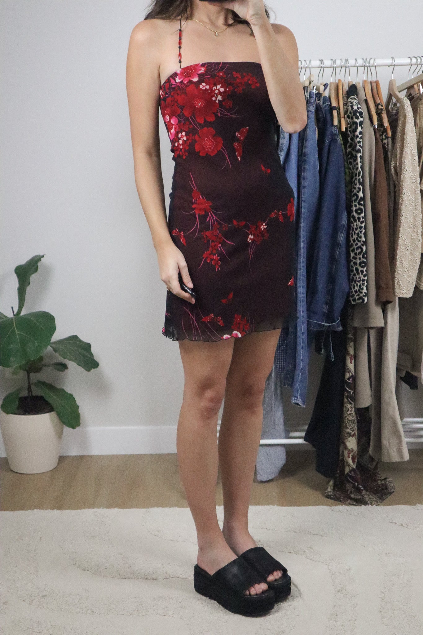 Made in USA x Vintage x Mesh Floral Halter Dress (4/6)