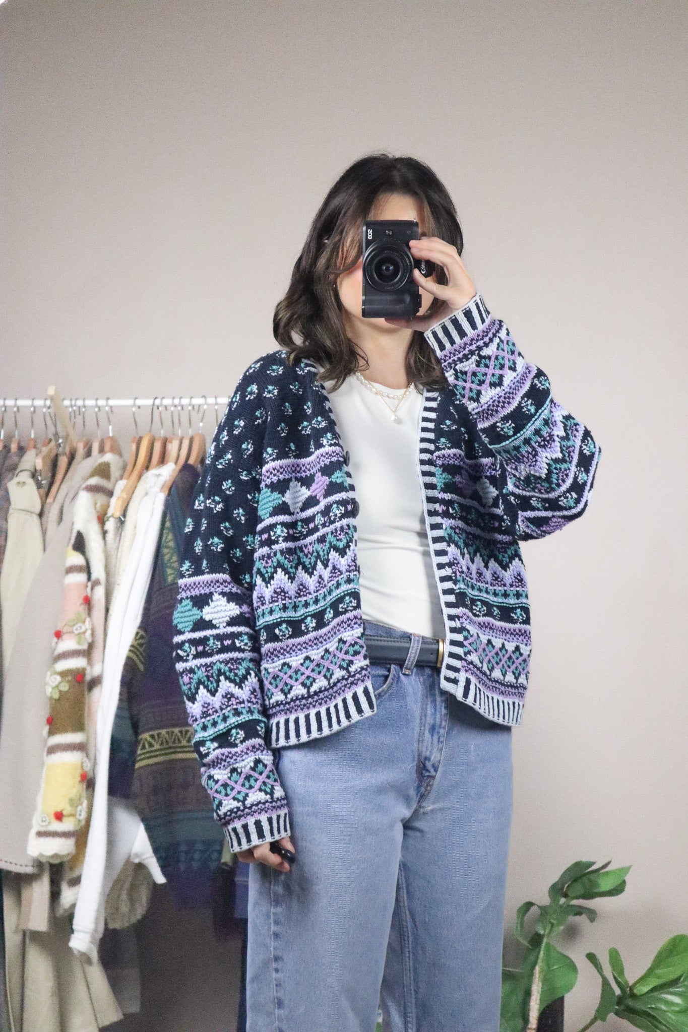 Vintage x Knitted By Hand x Pattered Cardigan (S-M)