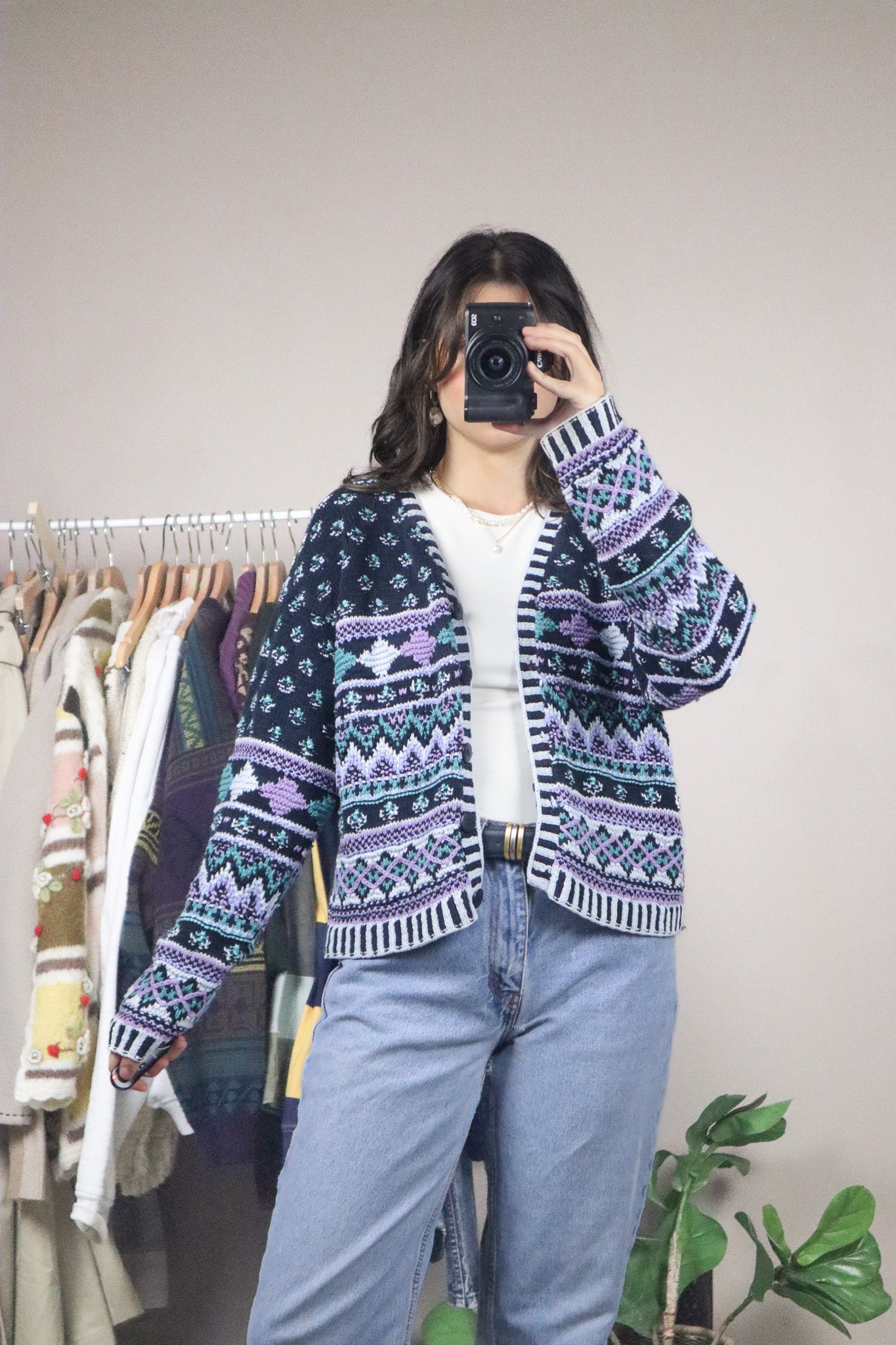 Vintage x Knitted By Hand x Pattered Cardigan (S-M)