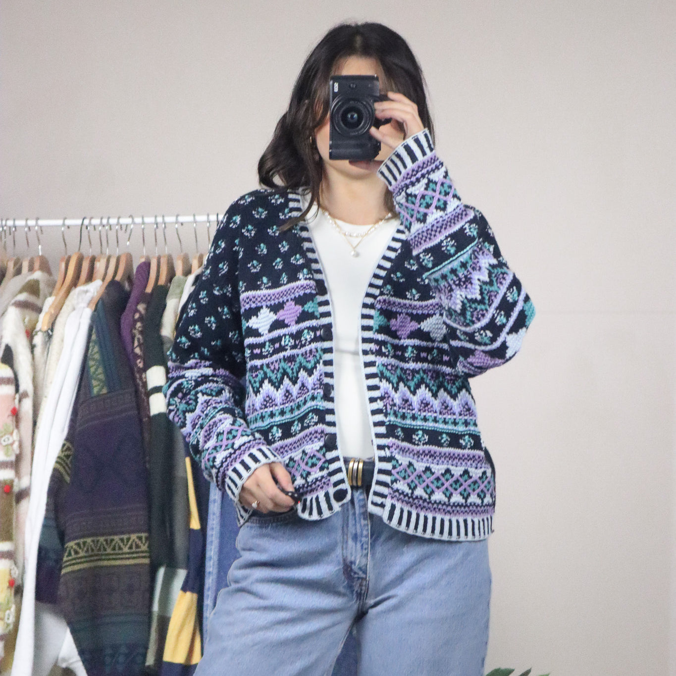 Vintage x Knitted By Hand x Pattered Cardigan (S-M)