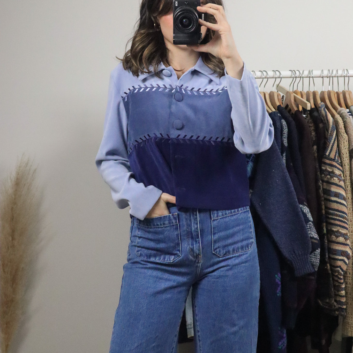 Vintage x Faux Suede Cropped Button Up (S)