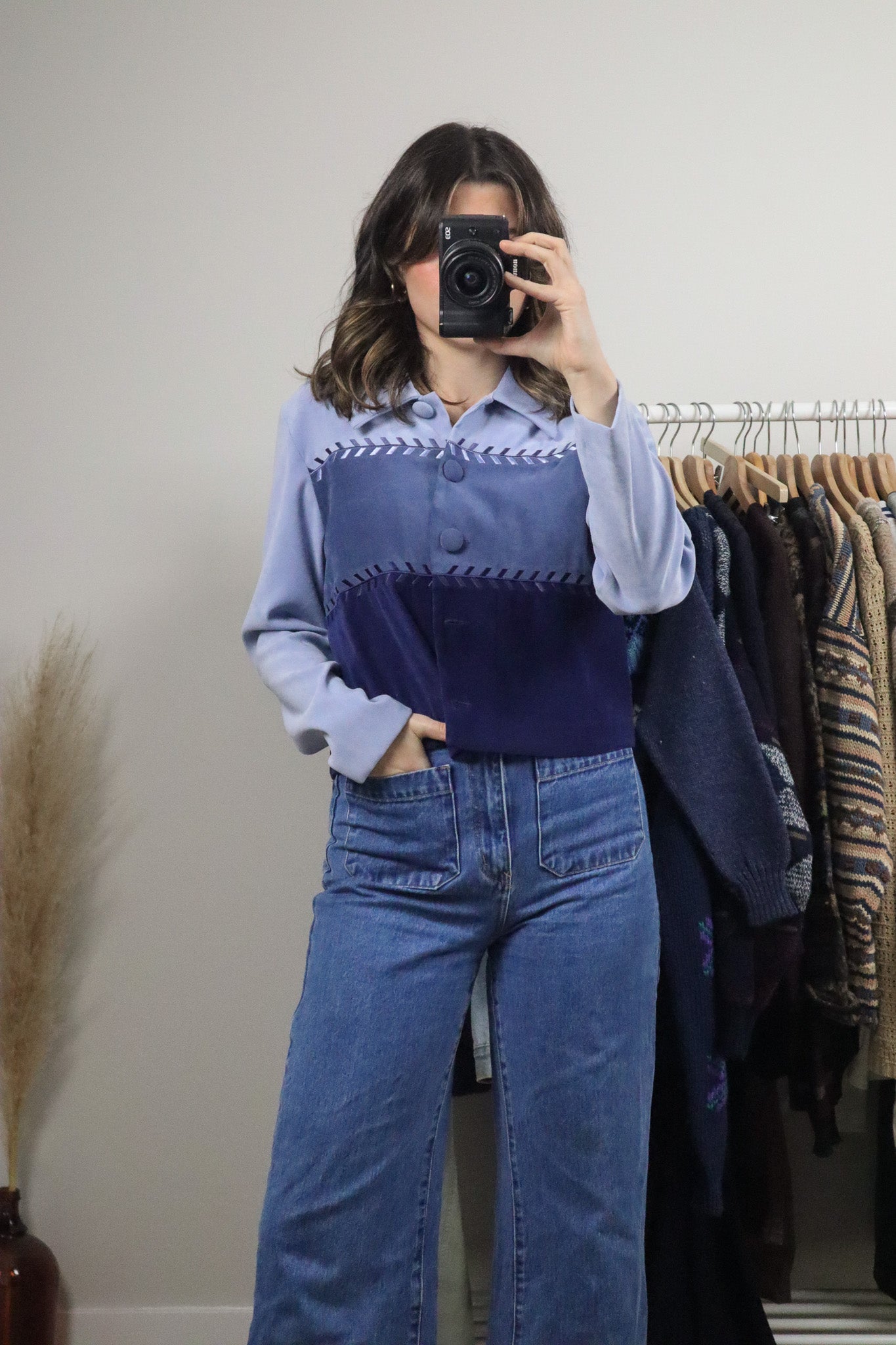 Vintage x Faux Suede Cropped Button Up (S)
