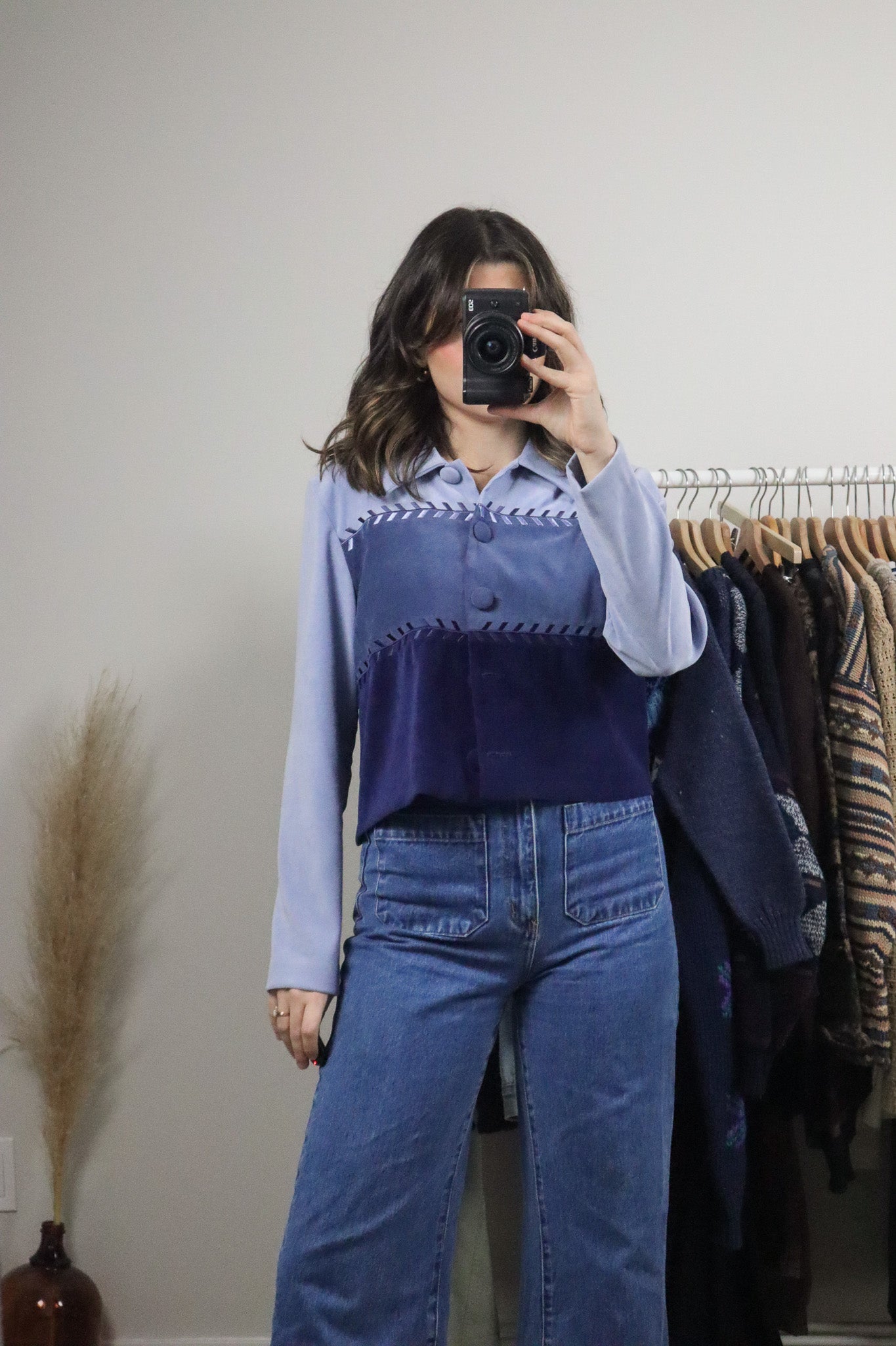 Vintage x Faux Suede Cropped Button Up (S)