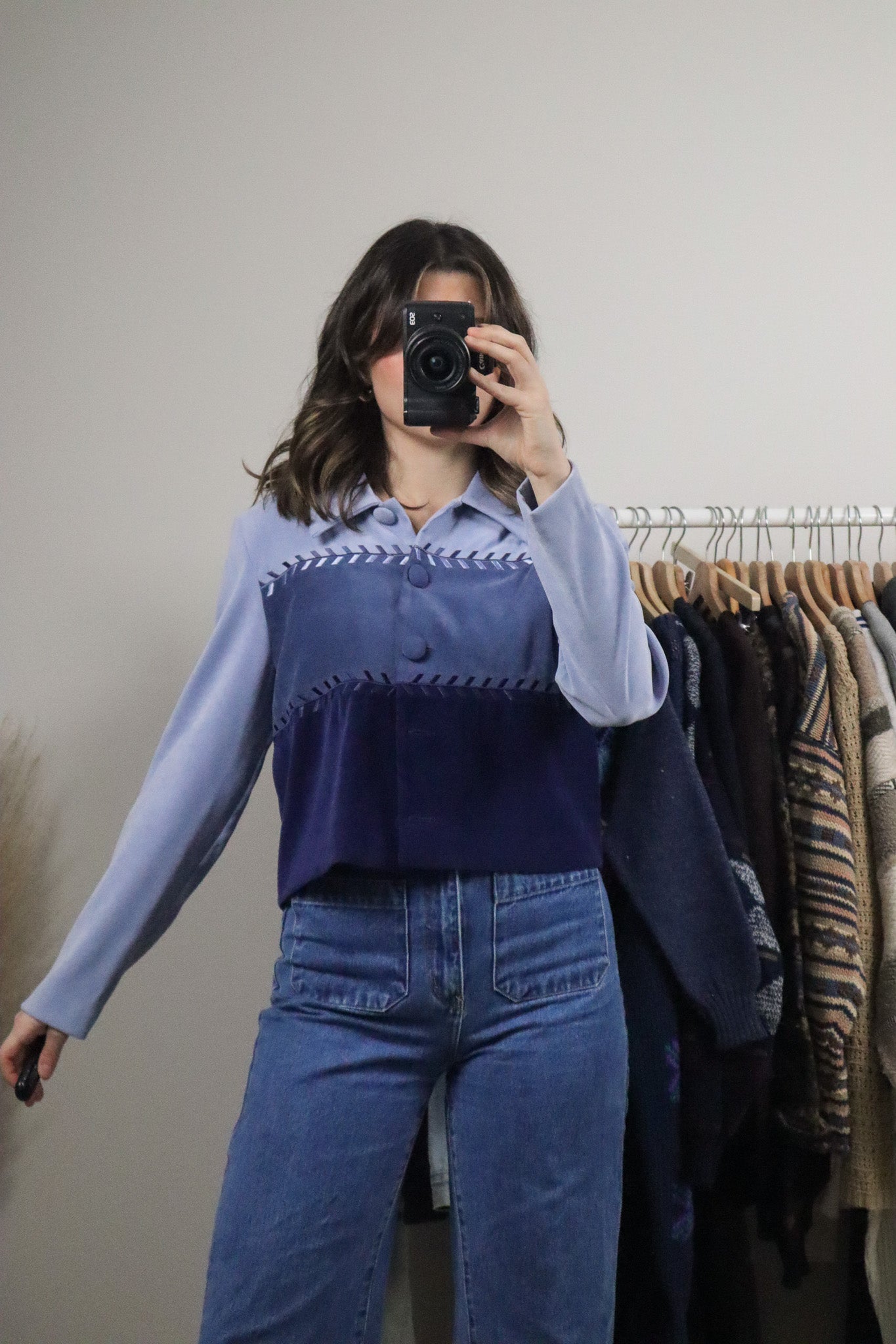 Vintage x Faux Suede Cropped Button Up (S)