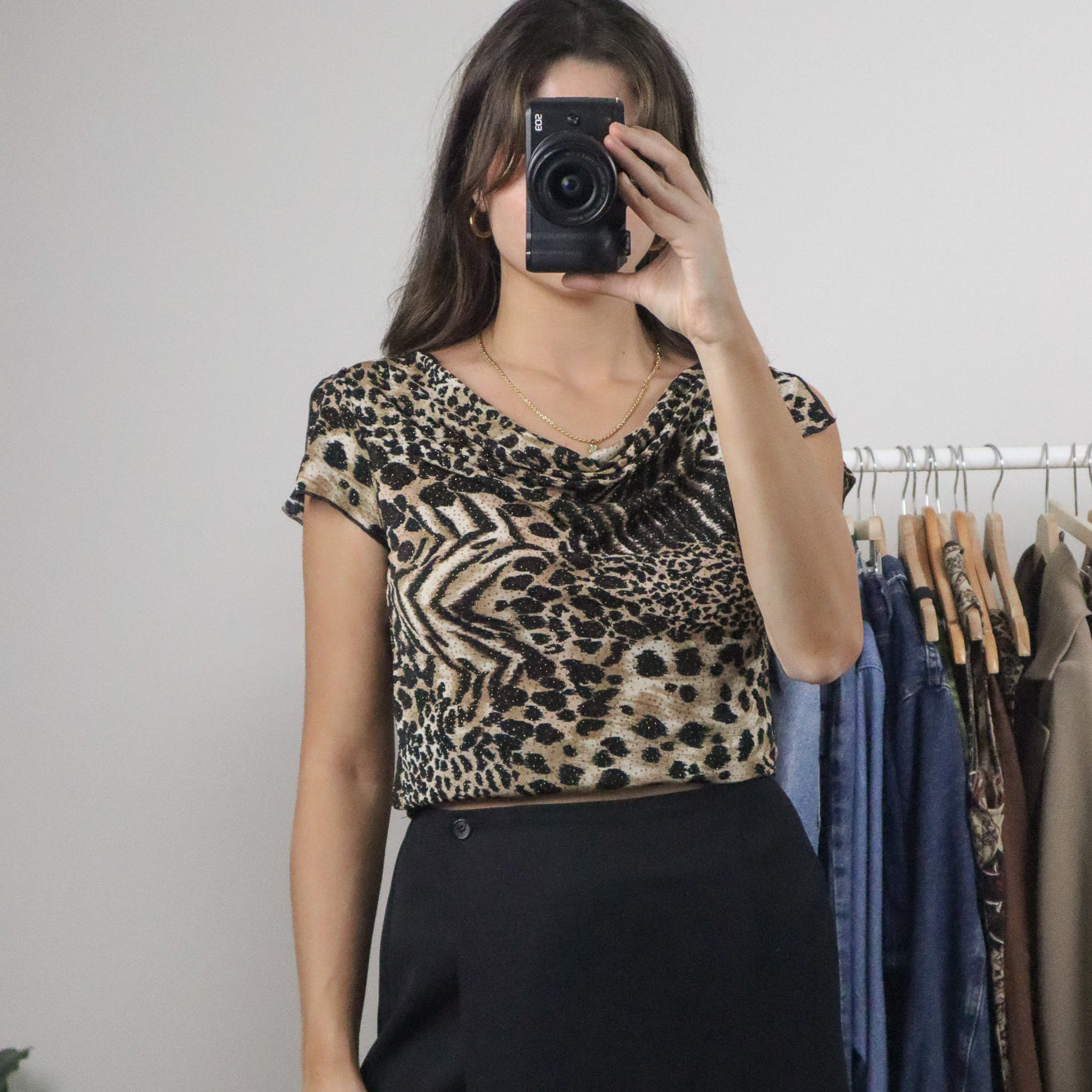 Made in USA x Vintage x Shimmer Cowl Neck Cheetah Top (S)