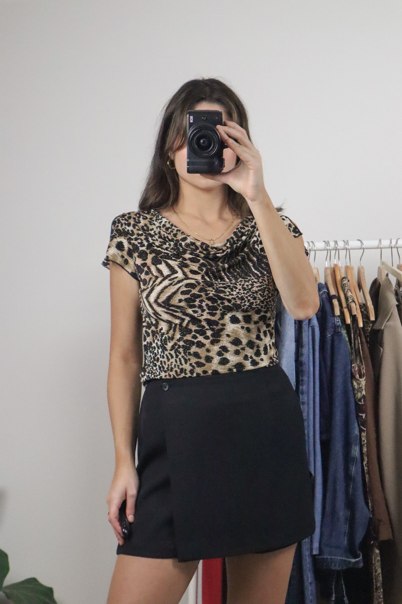 Made in USA x Vintage x Shimmer Cowl Neck Cheetah Top (S)