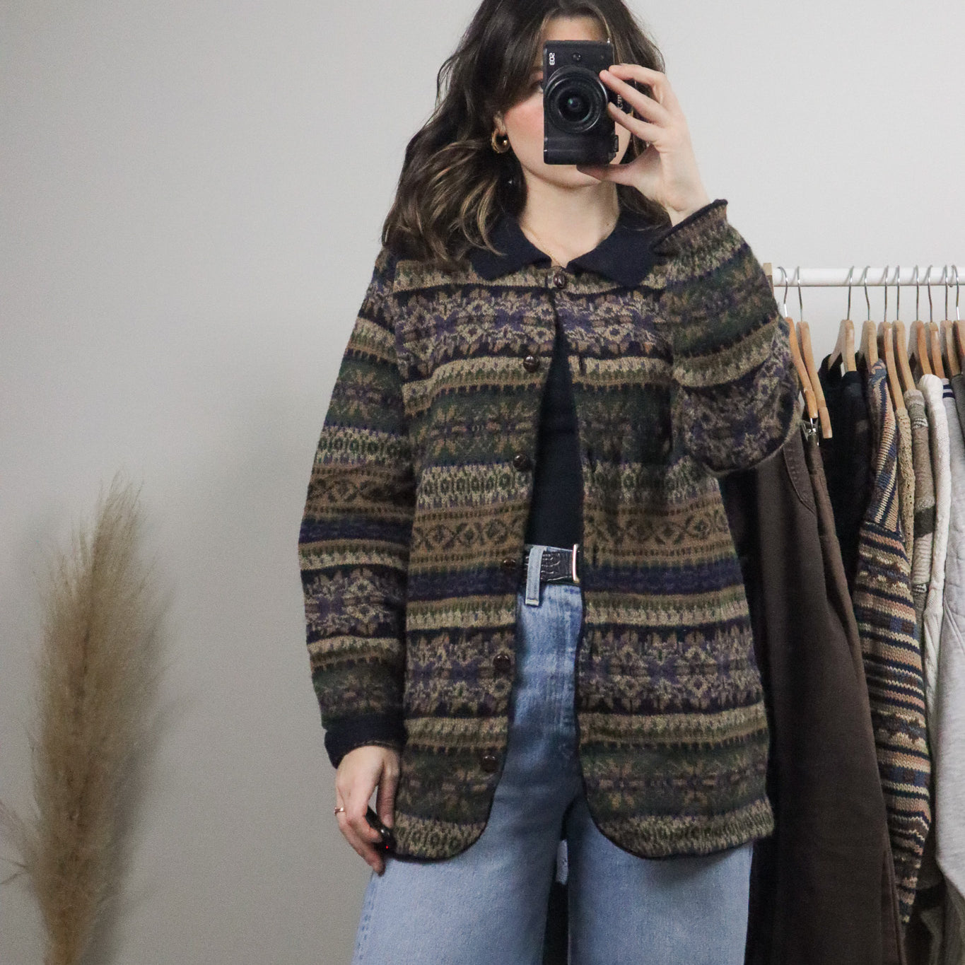 Vintage x Wool Collared Patterned Cardigan (S/M)