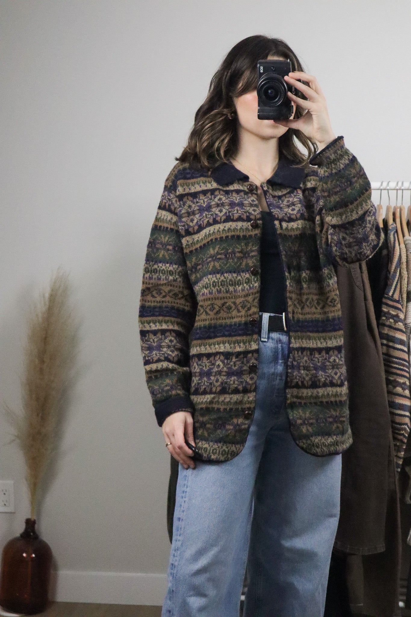 Vintage x Wool Collared Patterned Cardigan (S/M)