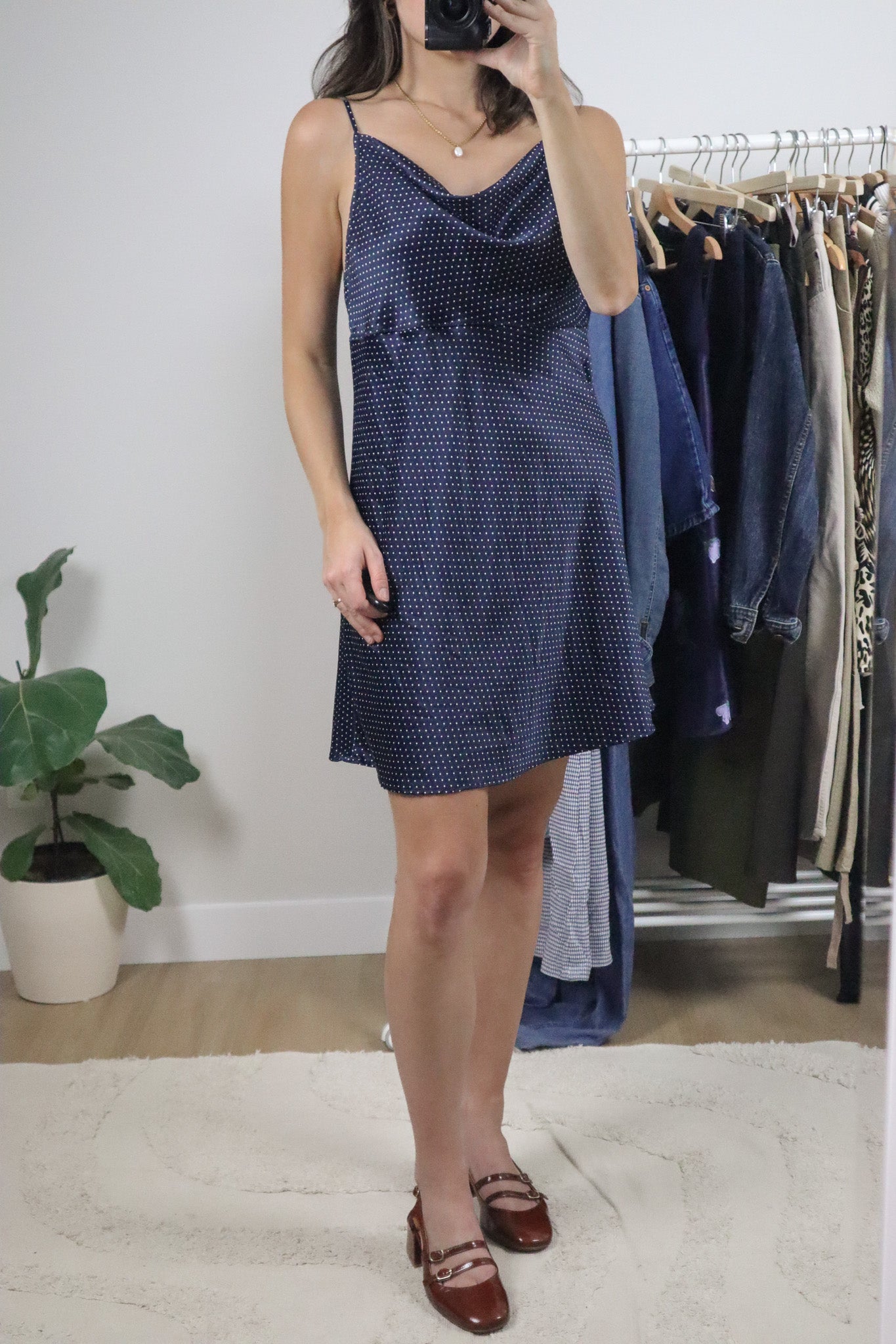 Vintage x Satin Polkadot Cowlneck Slip Dress (S)
