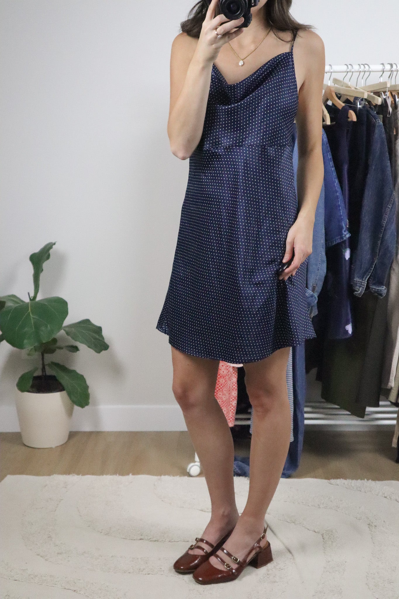 Vintage x Satin Polkadot Cowlneck Slip Dress (S)