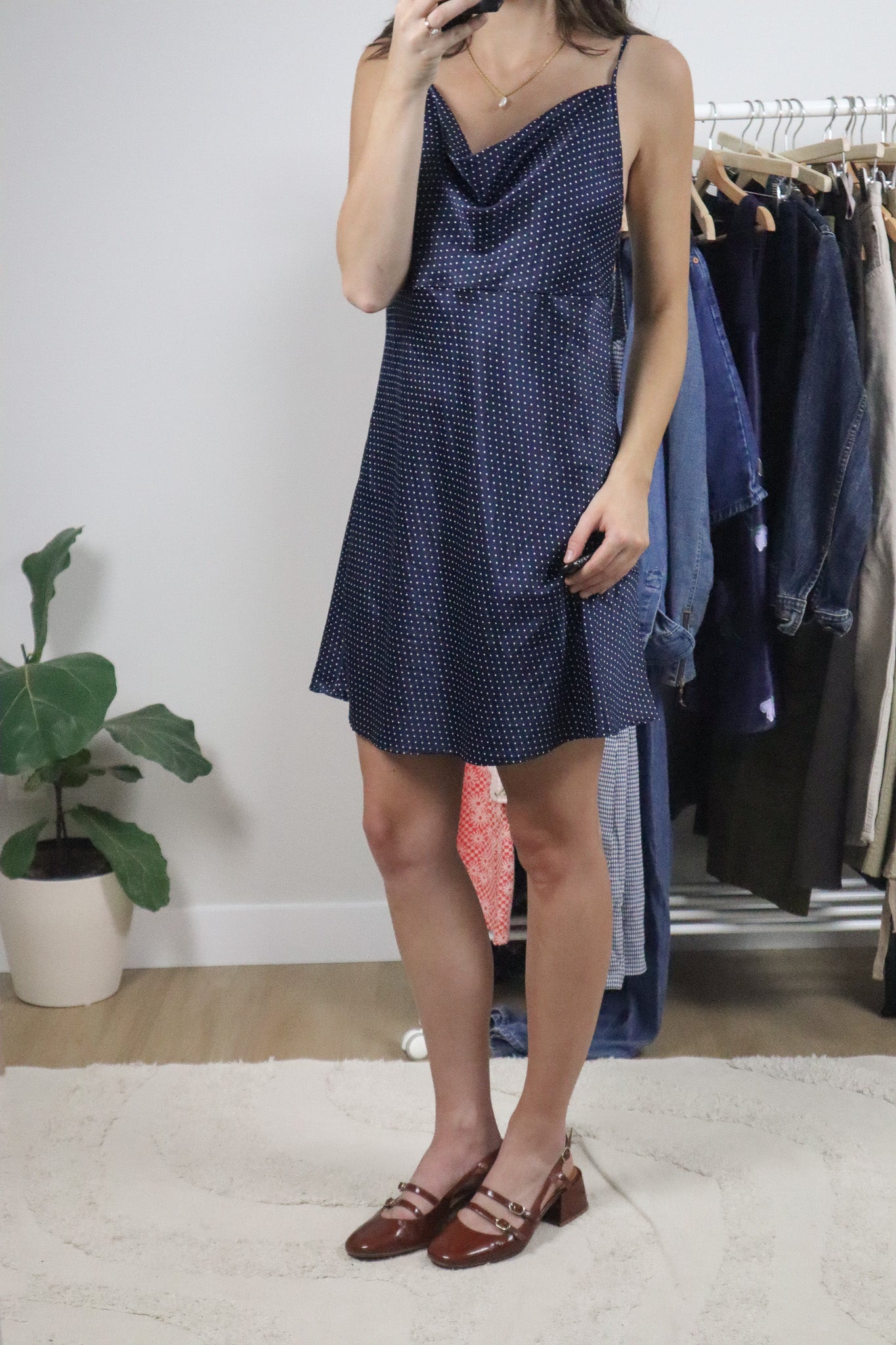 Vintage x Satin Polkadot Cowlneck Slip Dress (S)