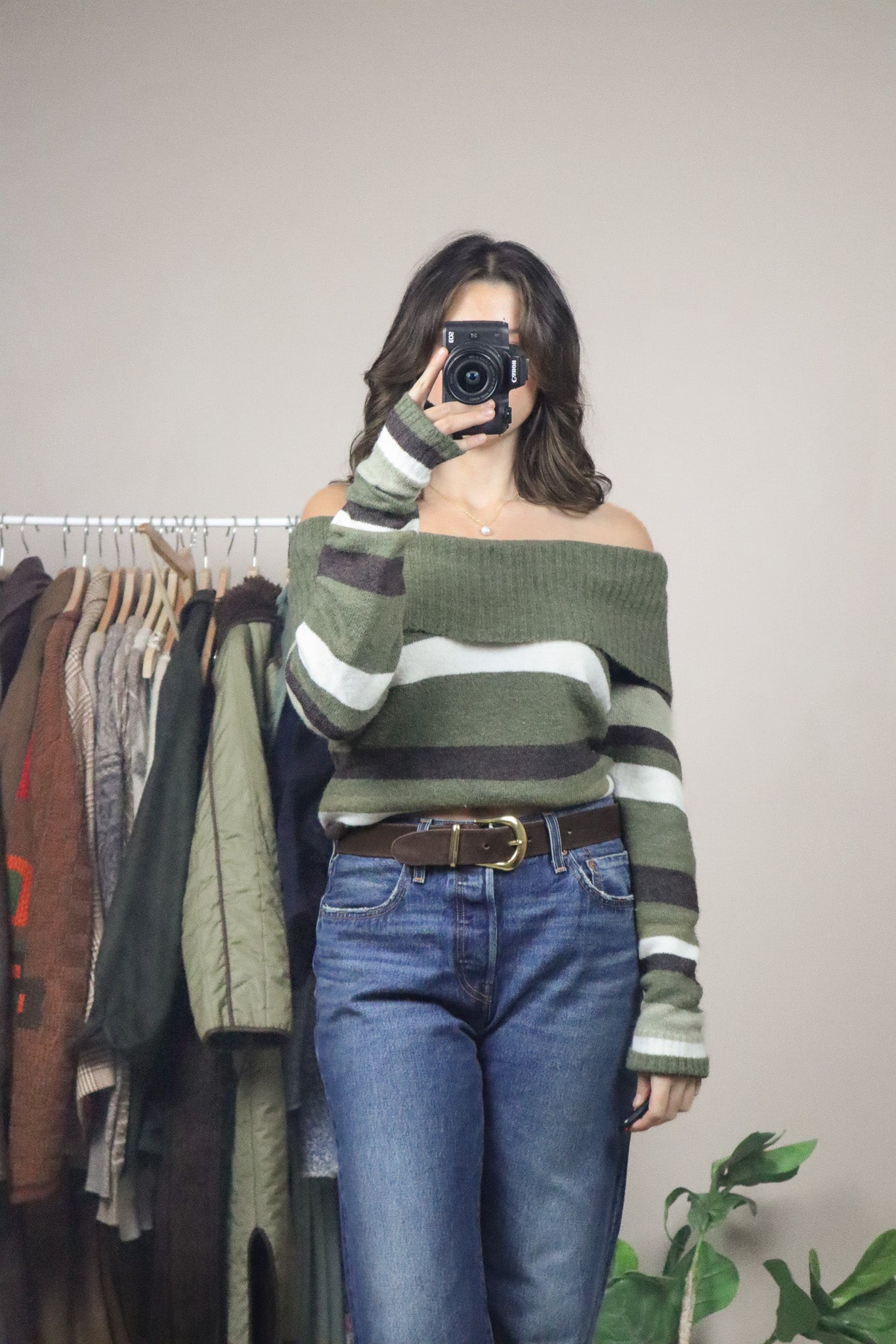 Vintage x Striped Off The Shoulder Knit (S/M)
