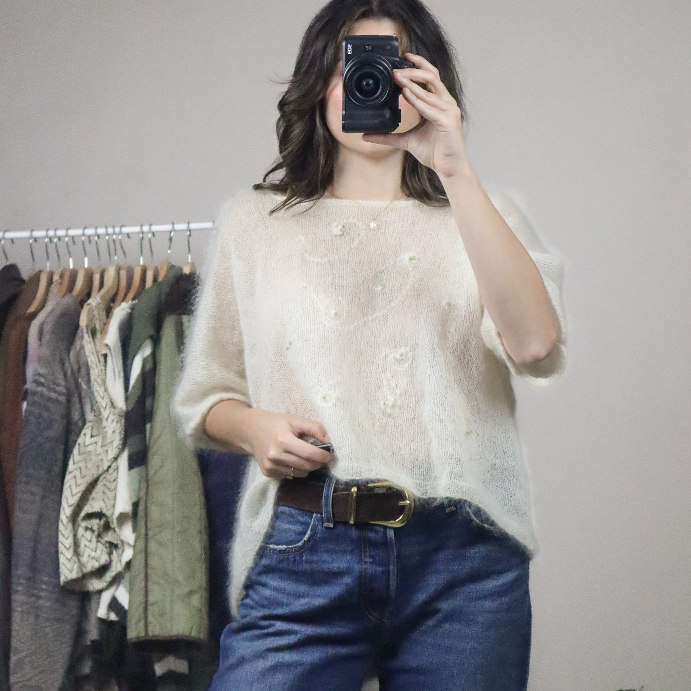 Hand Knit x Embroidered Mohair-Blend Short-Sleeve (L/XL)