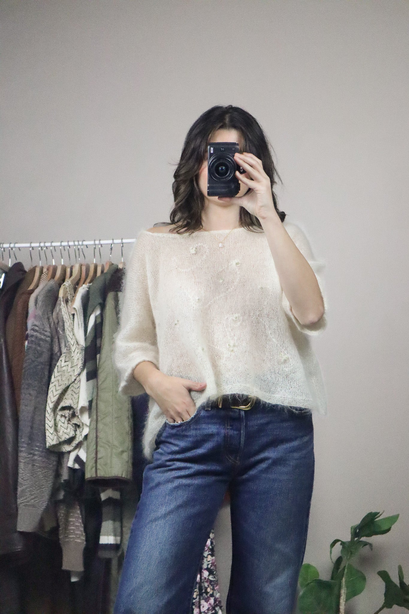Hand Knit x Embroidered Mohair-Blend Short-Sleeve (L/XL)